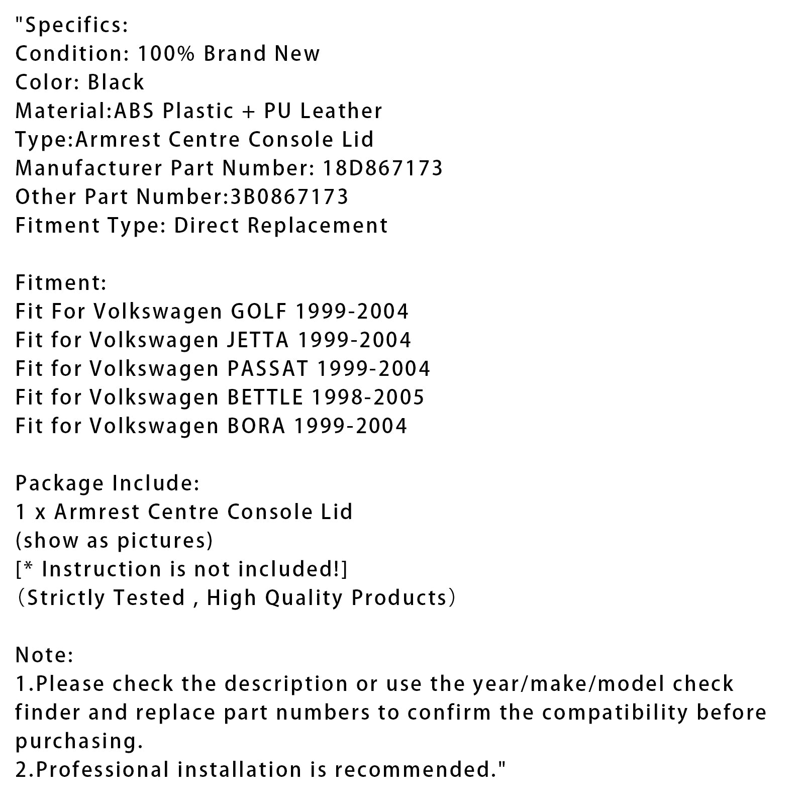 Svart läderarmstöd mittkonsollock för VW MK4 Jetta Bora Golf 18D867173