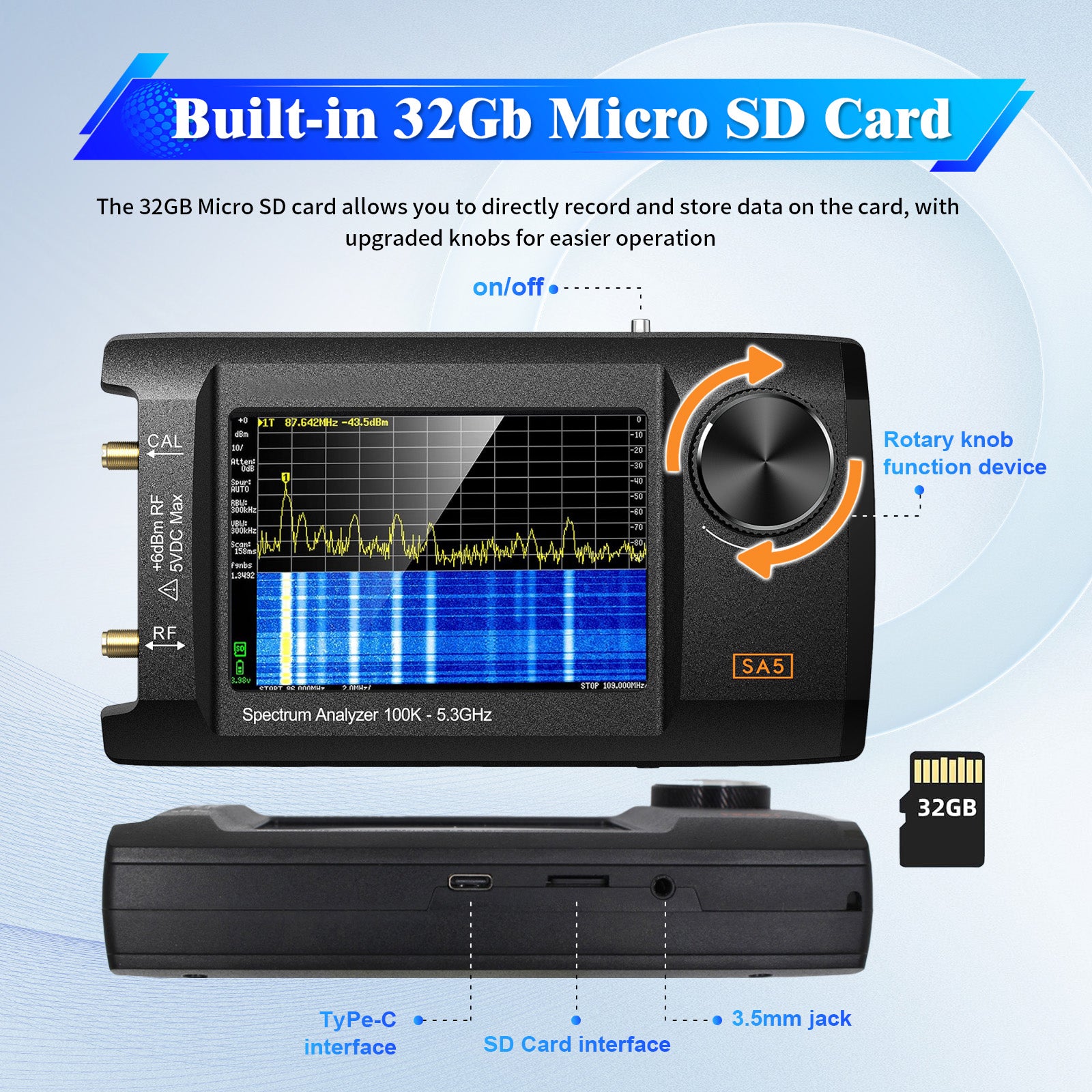 4" IPS LCD SA5 Multifunctionl Spectrum Analyzer 100k-5.3GHz Signal Generator