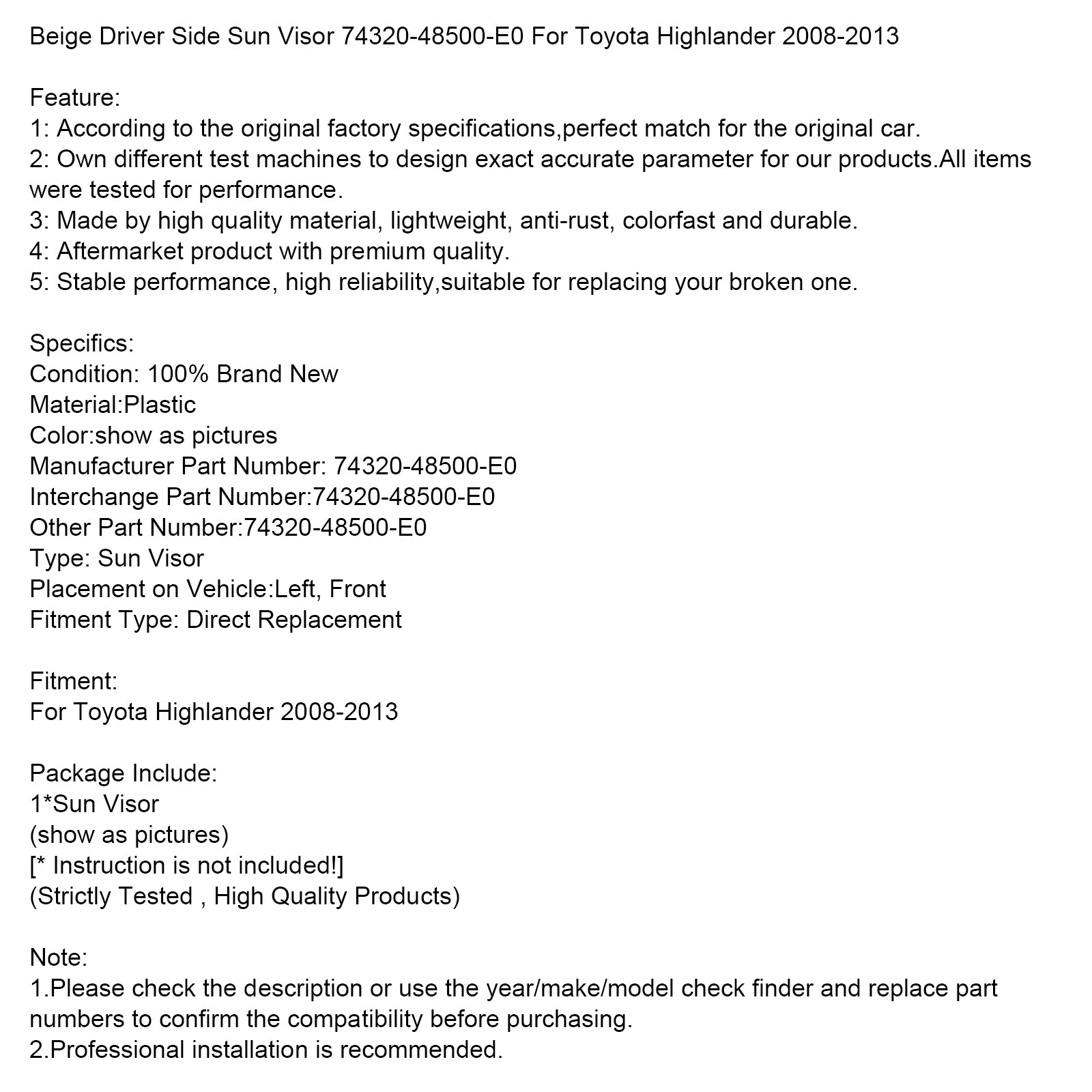 2008-2013 Toyota Highlander Beige zonneklep links 74320-48500-E0