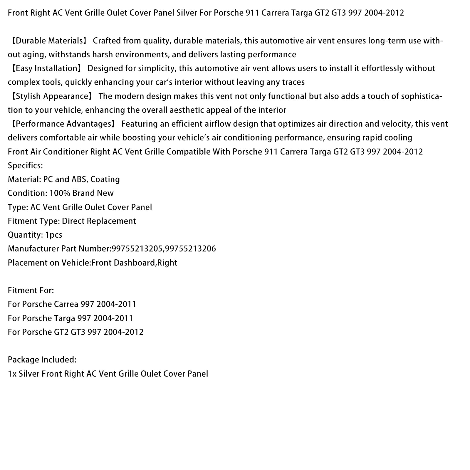 2004-2011 Porsche Targa 997 Front Right AC Vent Cover Silver 99755213205 99755213206