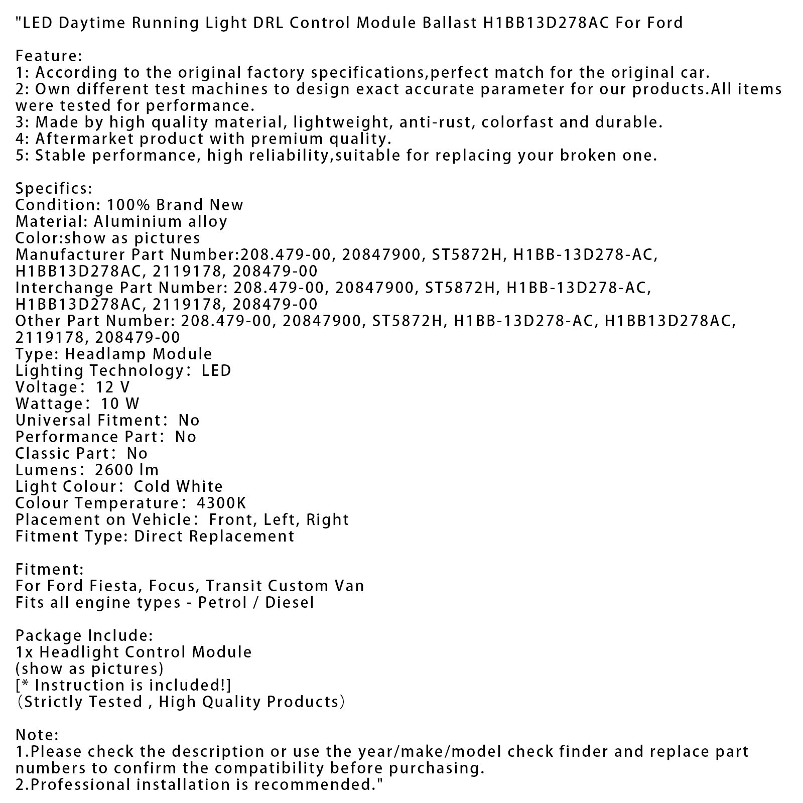 Ford Fiesta, Focus, Transit Custom Van LED denné svetlo DRL riadiaci modul Ballast H1BB13D278AC