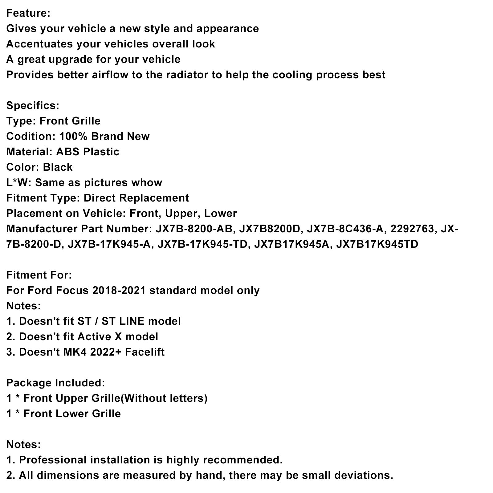 2018-2021 Ford Focus MK4 ST Style Black Front Bumper Grill Lower Grill