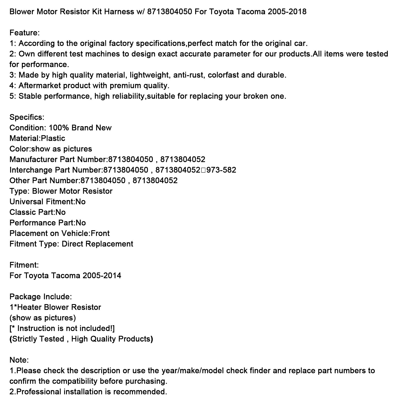 Arnés del kit de resistencia del motor del ventilador Toyota Tacoma 2005-2018 con 8713804050
