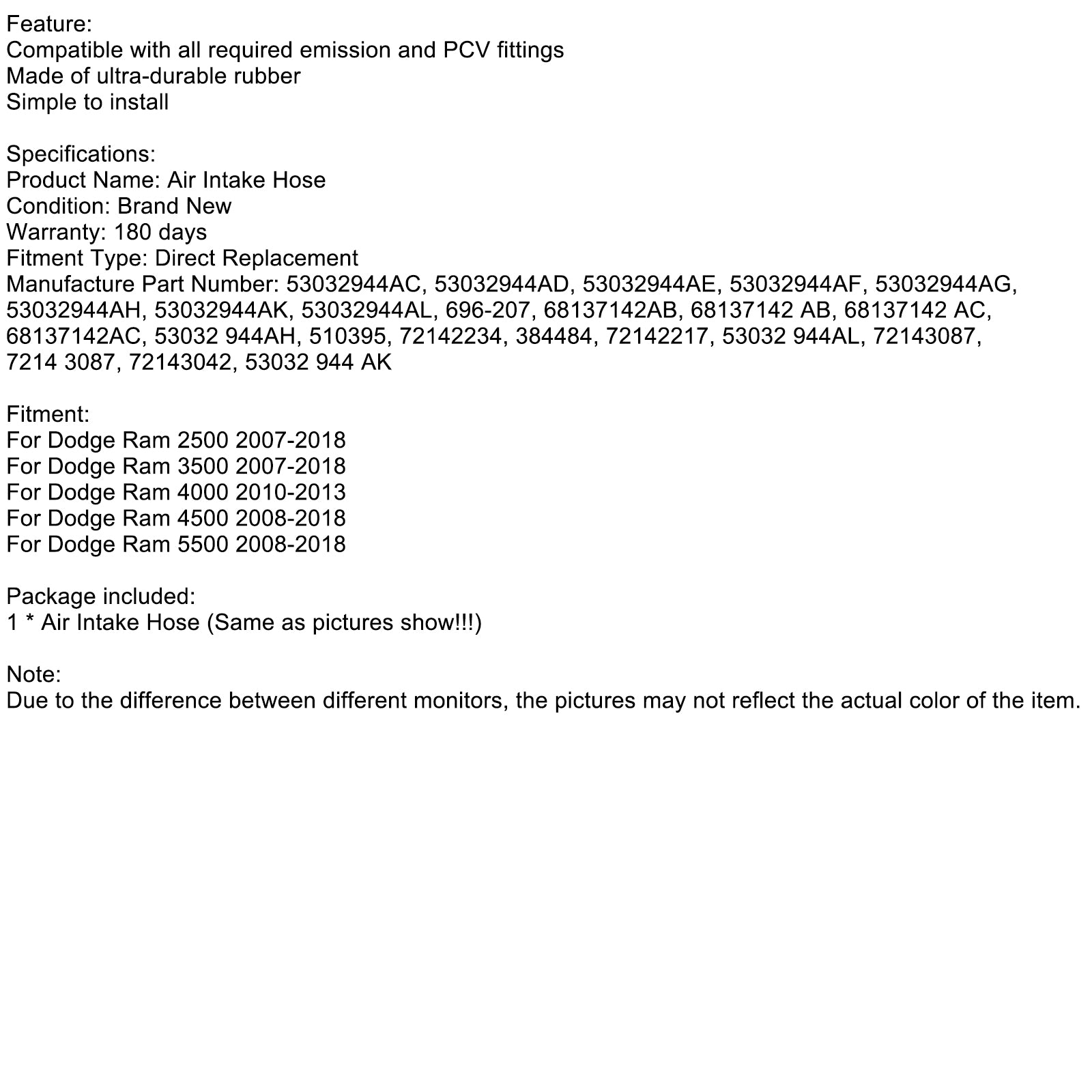 2008-2018 Dodge Ram 5500 luchtinlaatslang 696-207 53032944AC 53032 944 AK