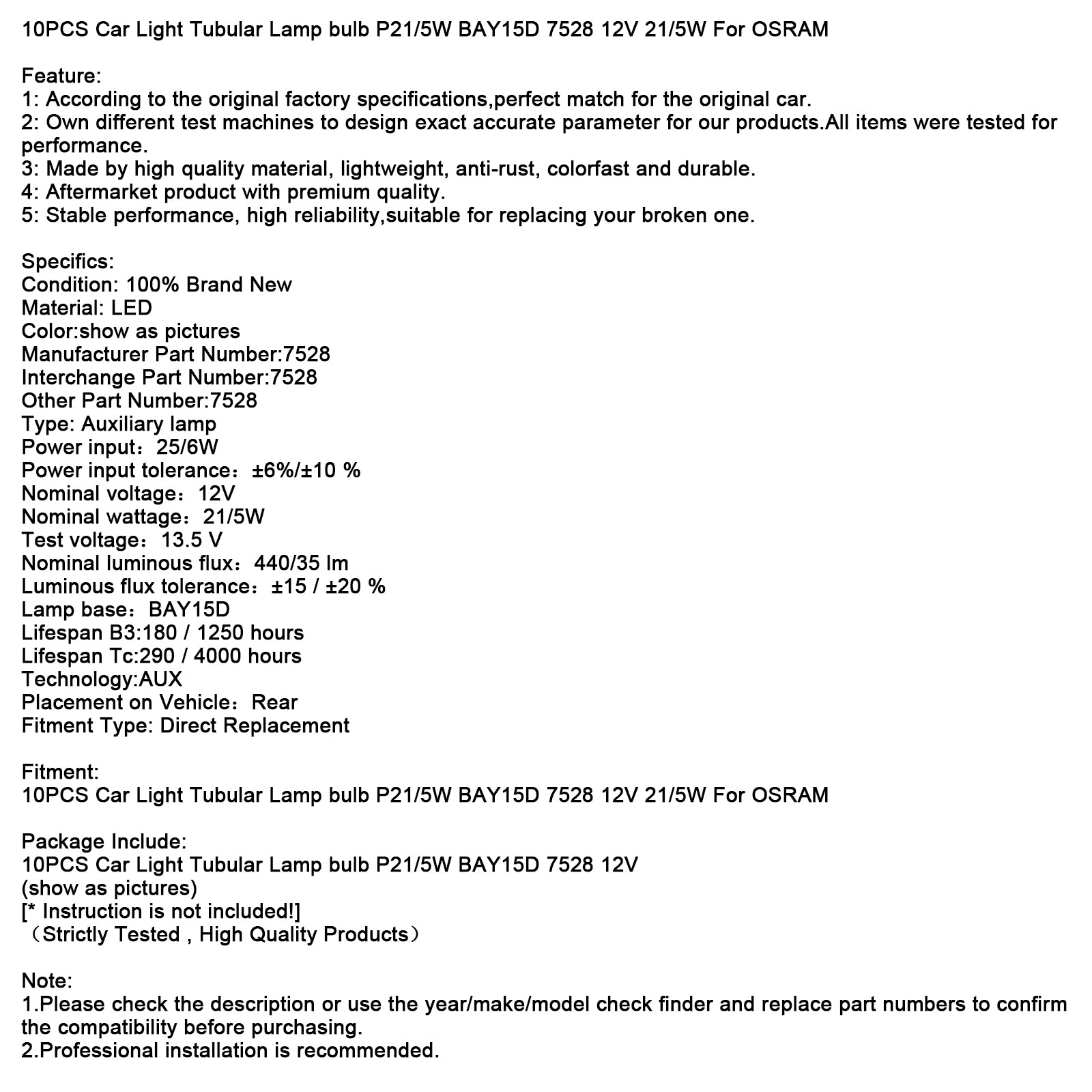 10ks auta Svetlá rúrková žiarovka Žiarovka P21/5W Bay15d 7528 12V 21/5W pre Osram