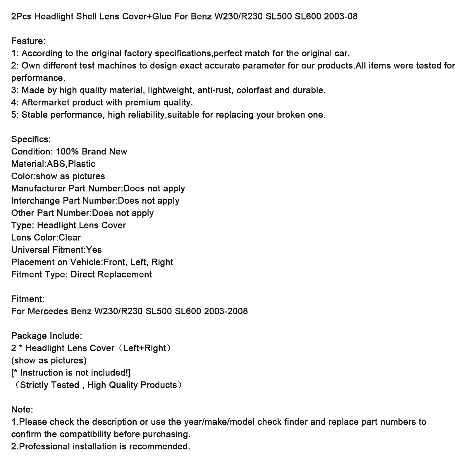 2003-2008 Benz W230/R230 SL500 SL600 2 stuks koplampbehuizing lenskap + lijm