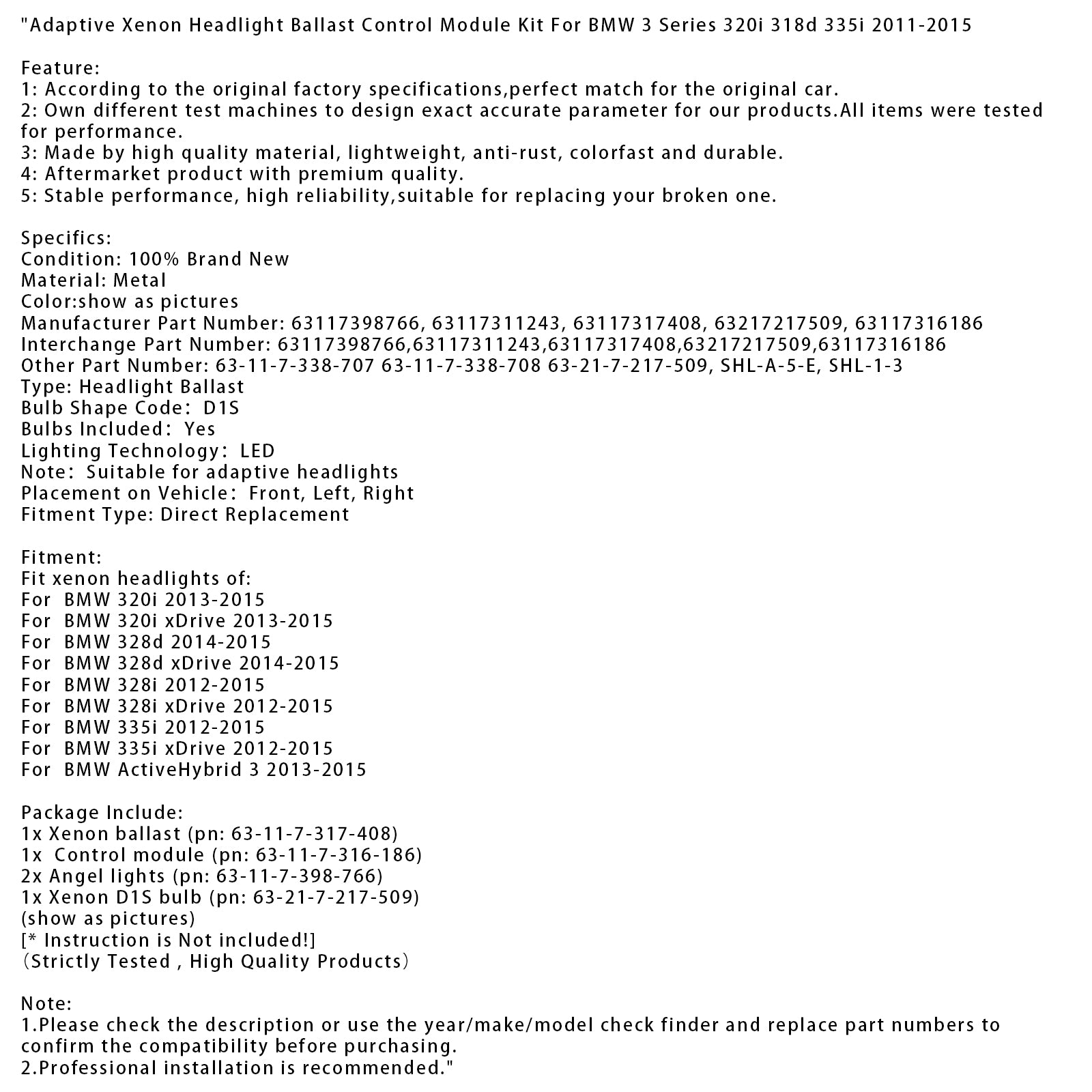 2014-2015 BMW 328d Adaptive Xenon Ballast Control Module Kit 63117398766 63117311243