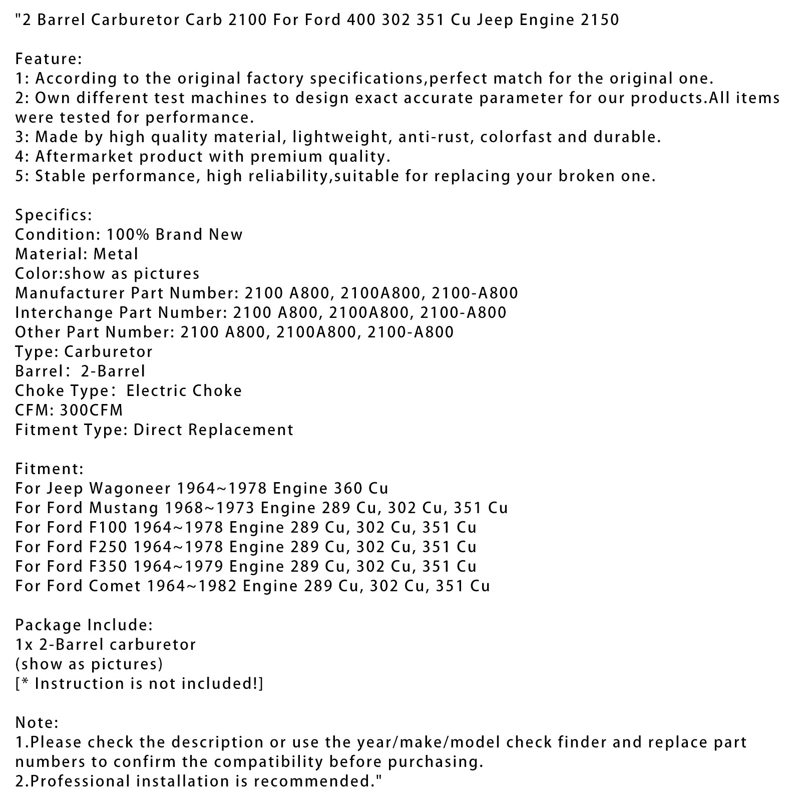 1968 ~ 1973 Ford Mustang Engine 289 Cu, 302 Cu, 351 Cu 2 Barrel förgasare CARB 2100 2100A800