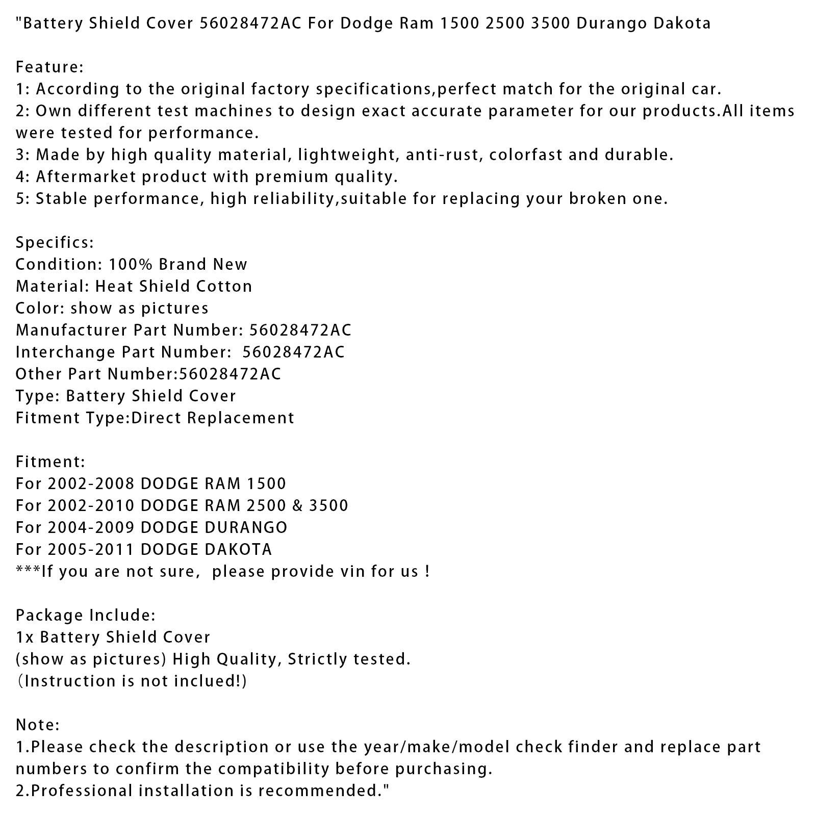 Battery Shield Cover 56028472ac for Dodge Ram 1500 2500 3500 Durango Dakota