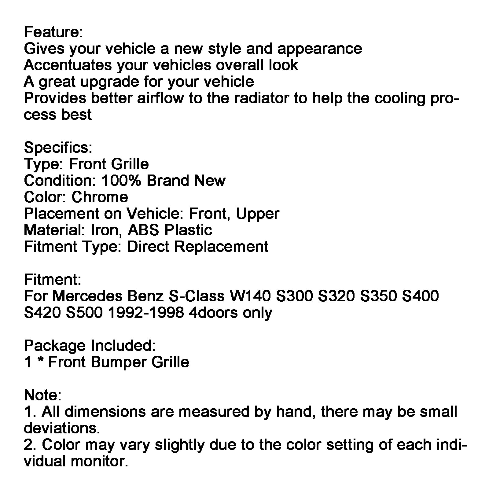 Mercedes Benz Classe S 1992-1998 W140 Grille de pare-chocs avant chromée