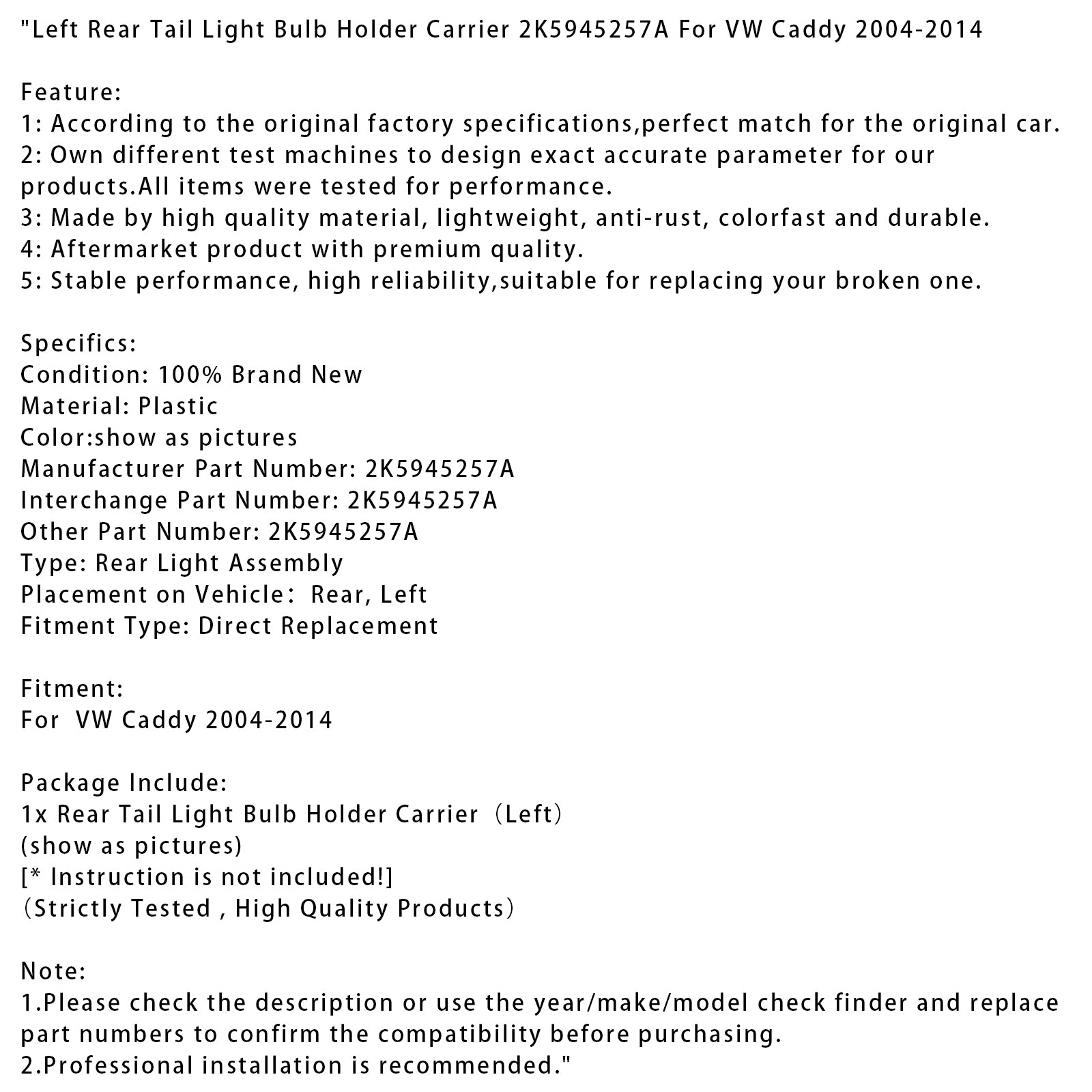 2004-2014 VW Caddy Left Rear Tail Light Bulb Holder Carrier 2K5945257A
