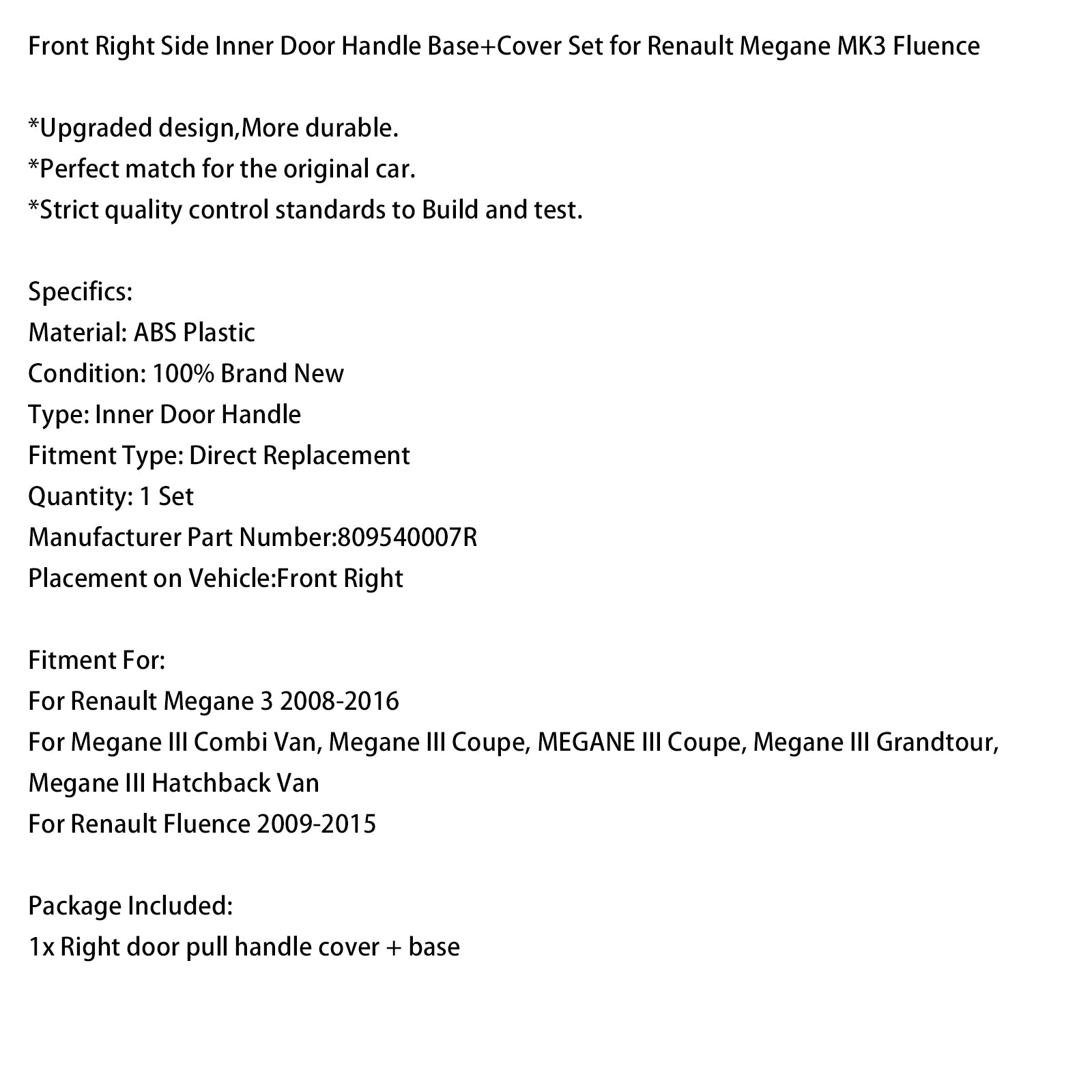2008-2016 Renault Megane 3 Front Right Side Inner Door Handle Base+Cover Set 809540007R