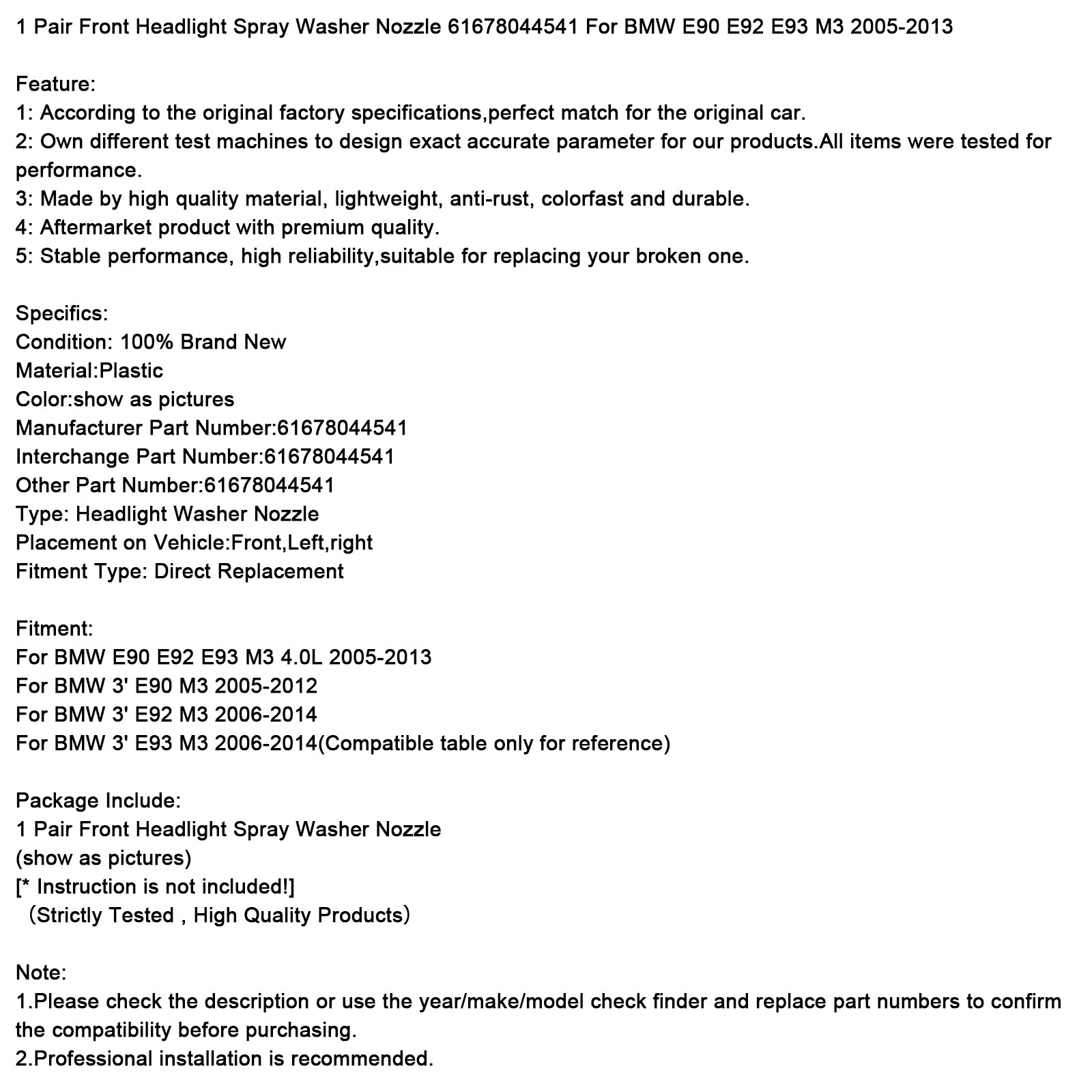 1 Pair Front Headlight Spray Washer Nozzle 61678044541 For BMW M3 2005-2013
