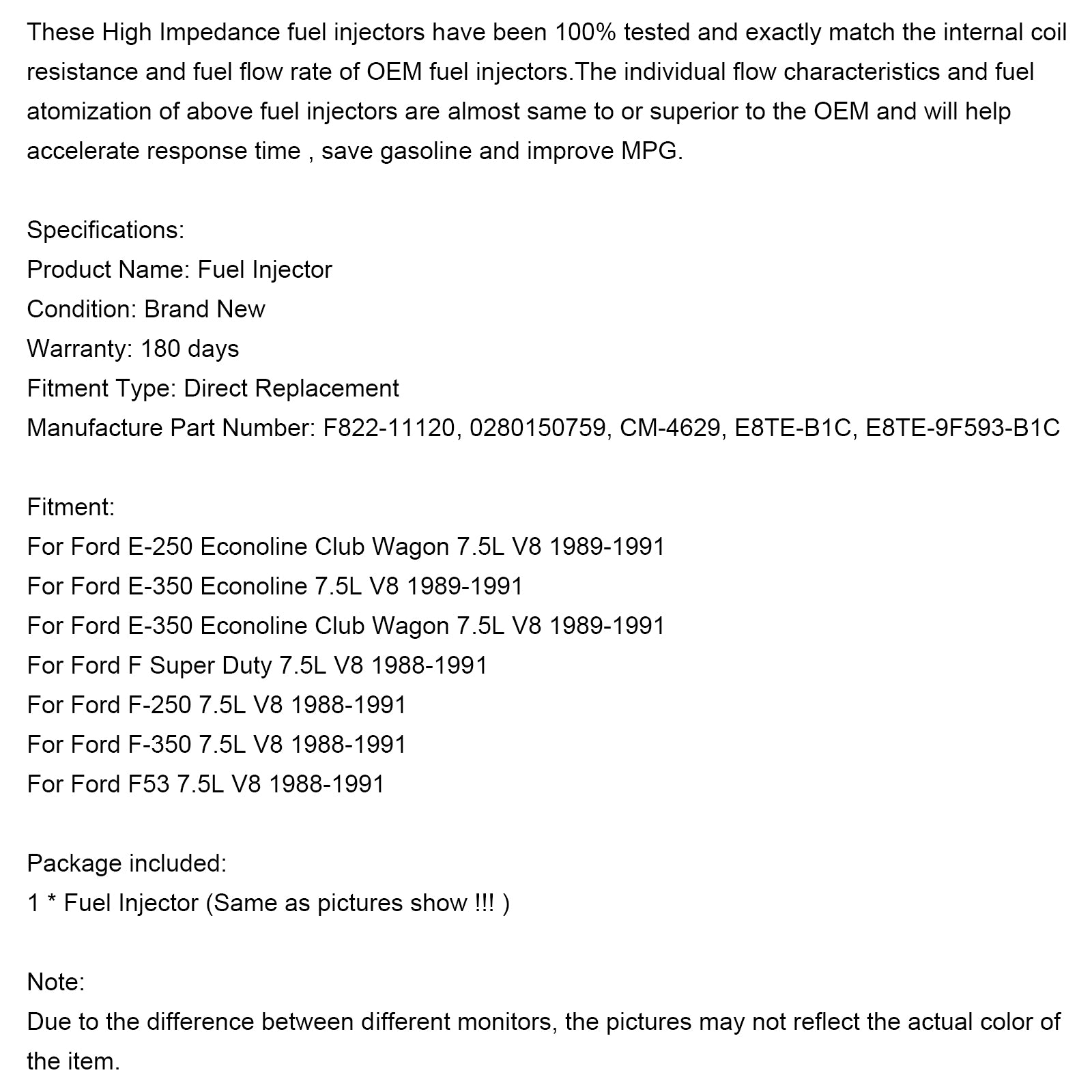 1PCS Brandstofinjector 0280150759 F822-11120 Fit Ford E-250 Econoline Club Wagon 7.5L V8 1989-1991