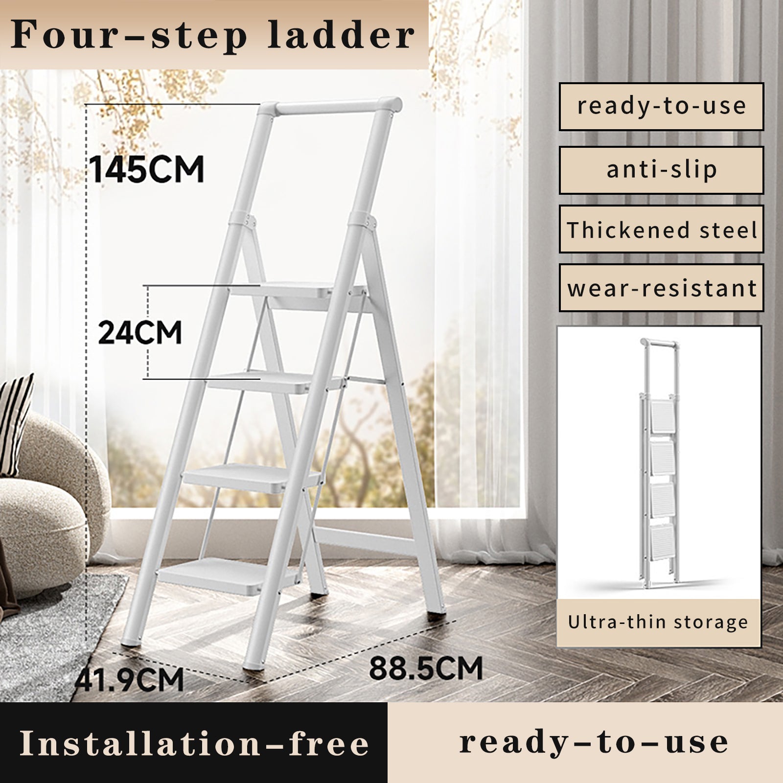 4-traps ladder, opvouwbare opstapjes voor volwassenen, antislippedaal, lichtgewicht