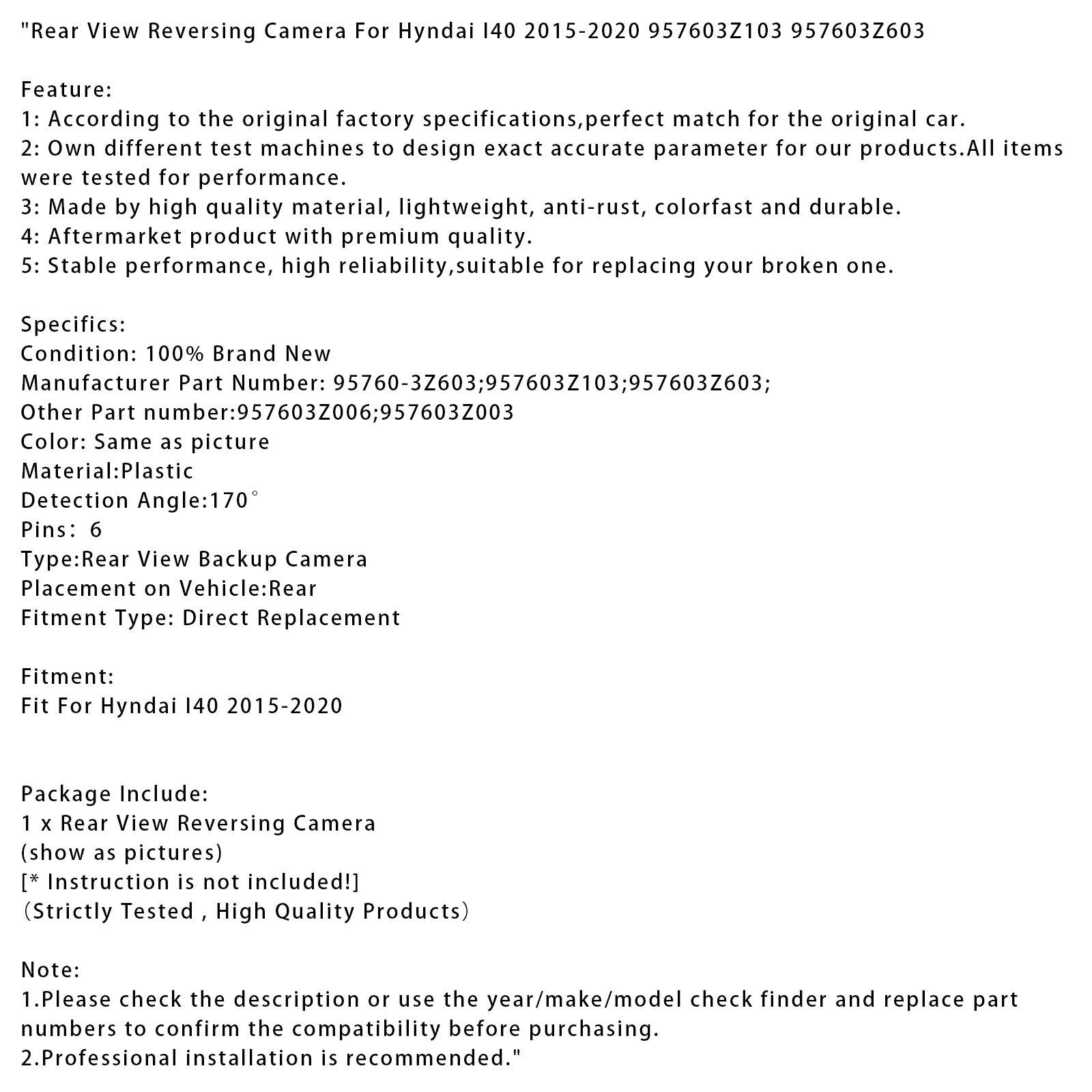 Rear View Reversing Camera For Hyndai I40 2015-2020 957603Z103 957603Z603