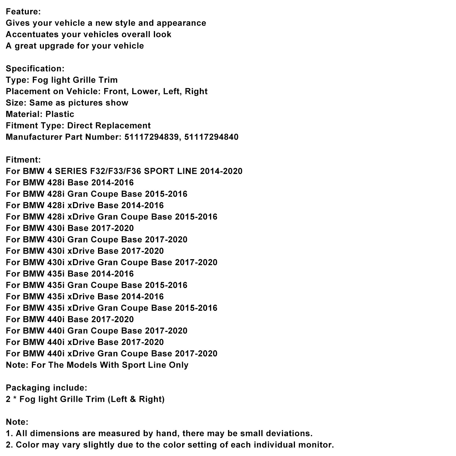 BMW 428i F32 F33 F36 Gauche & Garniture de pare-chocs avant de calandre de feu antibrouillard droit