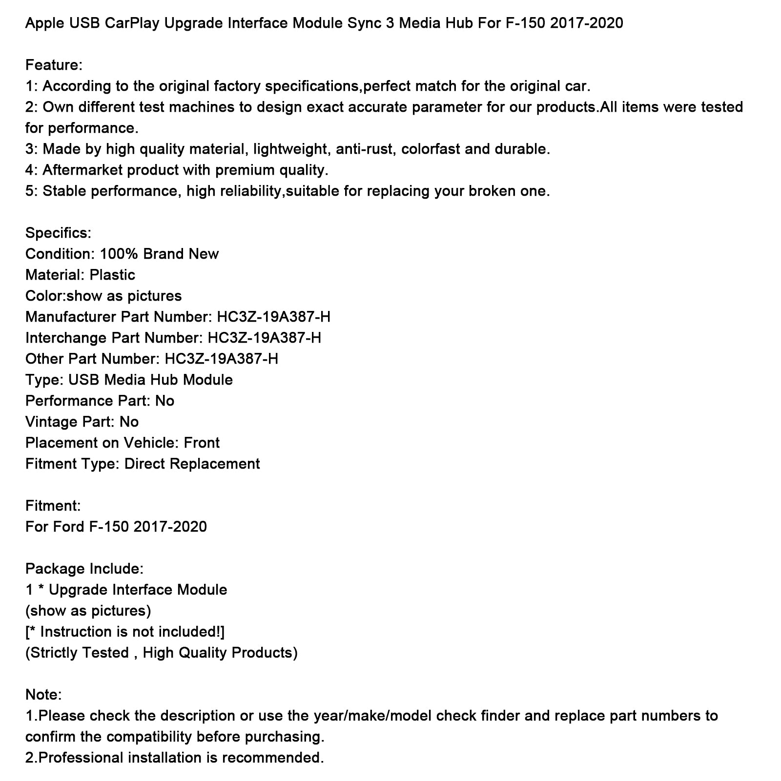 2017-2020 Ford F-150 Apple USB Modul modulu rozhrania CarPlay Sync 3 Media Hub HC3Z-19A387-H