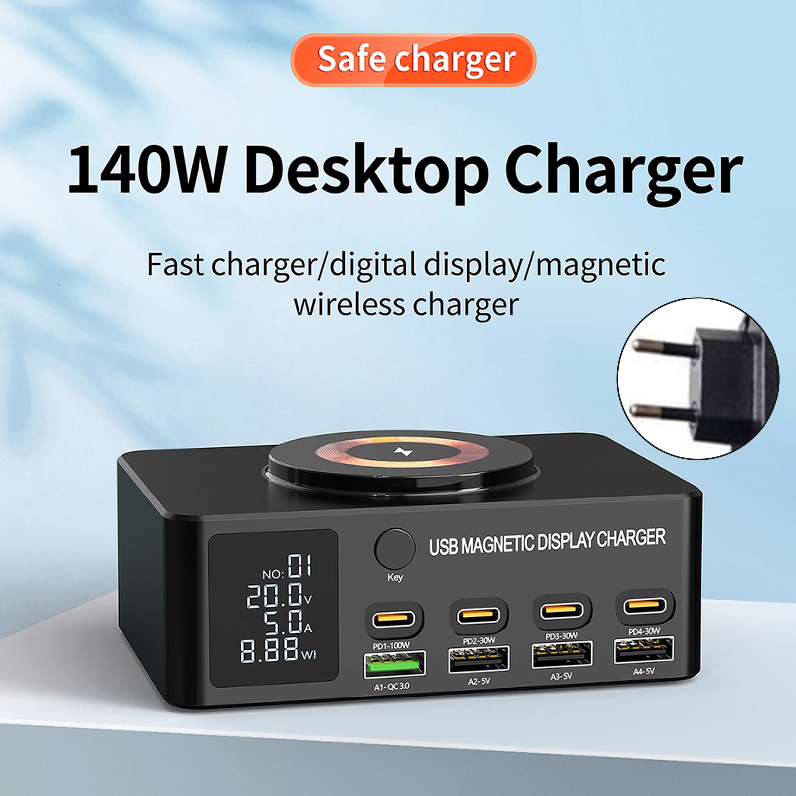 140W Fast ladelader Intelligent Digital Display PD100W Mobiltelefon Notatbok Magnetisk trådløs lading Multi-Port USB Charger EU Plug