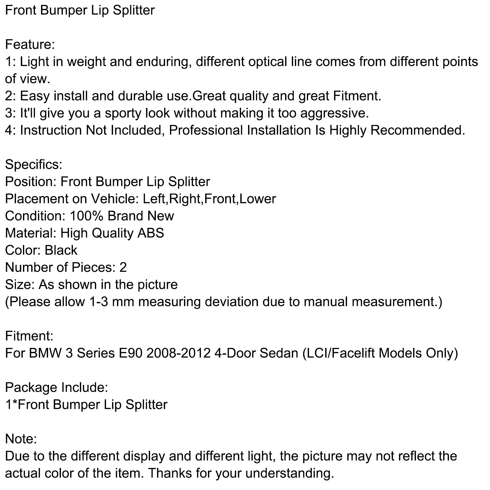 2008-2012 BMW 3 Series E90 LCI PP Front Bumper Lip Splitter Spoiler