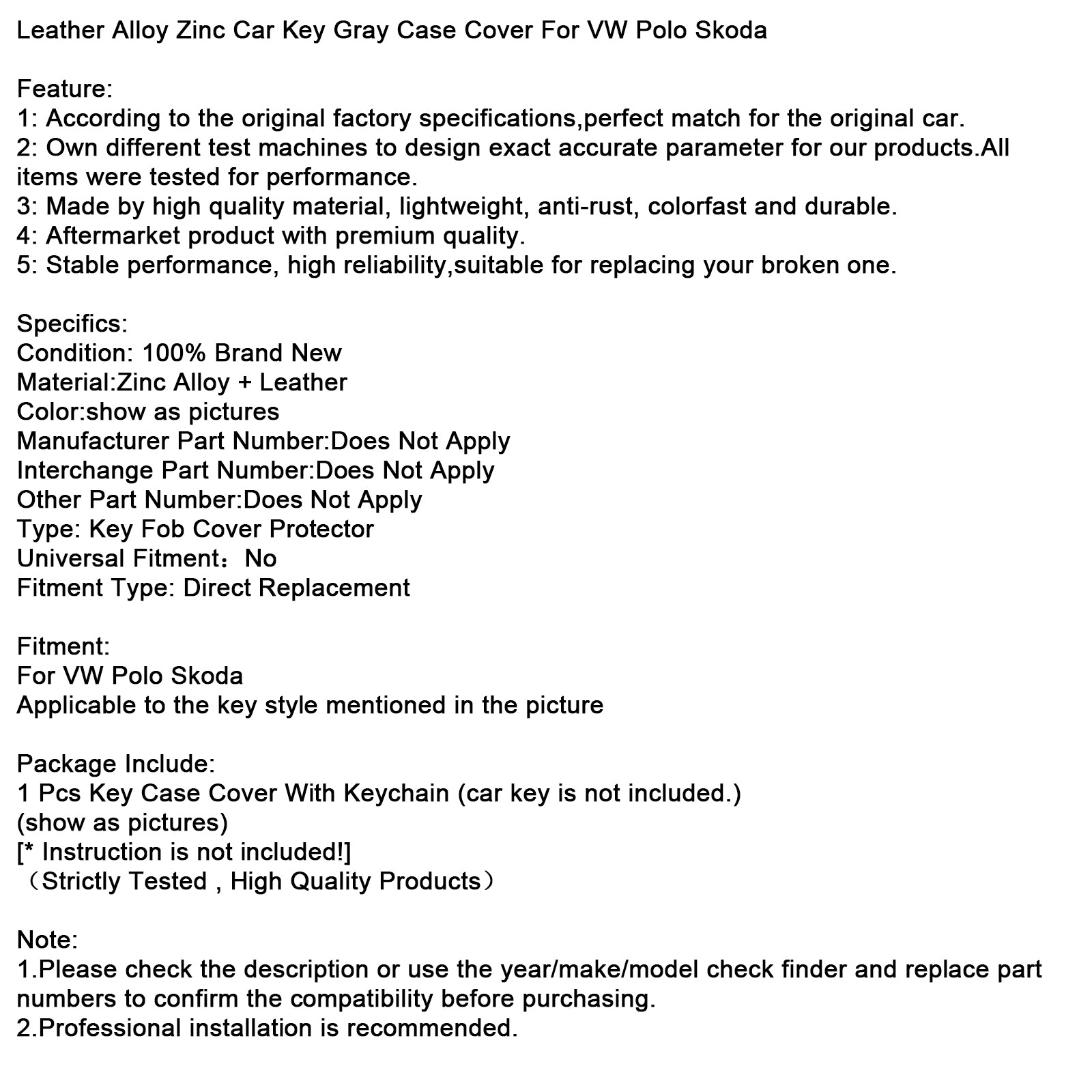 Leather Alloy Zinc Car Key Gray Case Cover For VW Polo Skoda