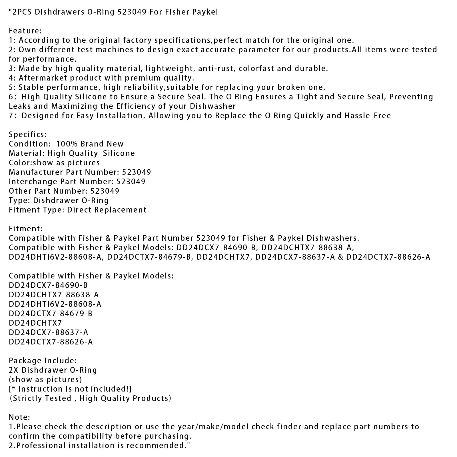 2 STKS Vaatladen O-Ring 523049 Voor Fisher Paykel