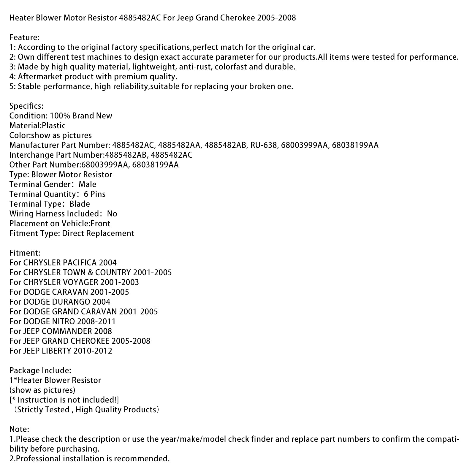 Heater Blower Motor Resistor 4885482AC For Jeep Grand Cherokee 2005-2008