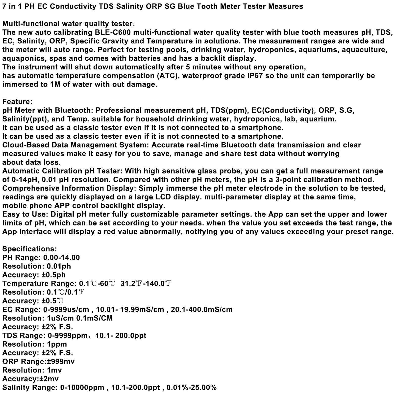 7 In 1 PH EC Conductivity TDS Salinity ORP SG Blue Tooth Meter Tester Measures