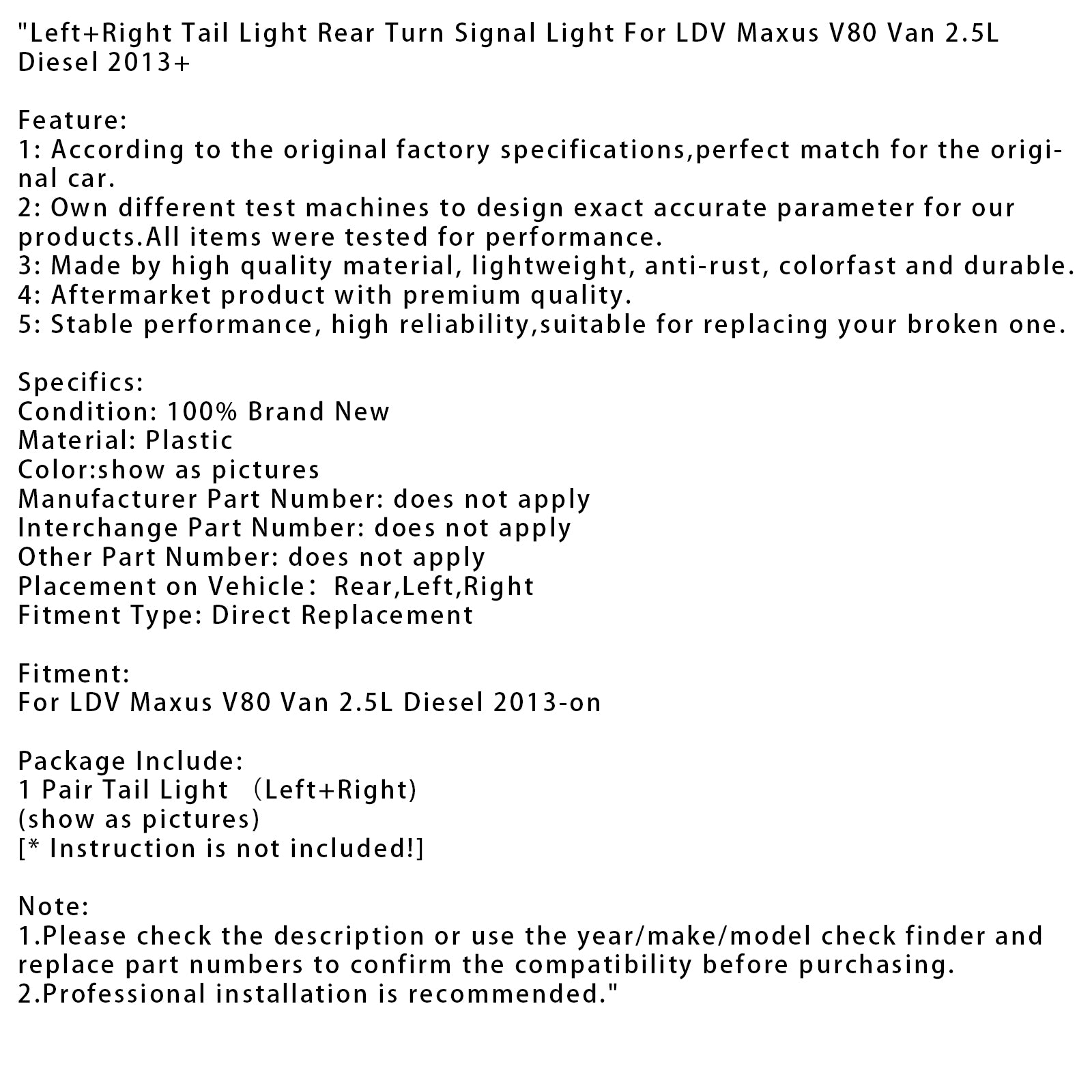 2013+ LDV Maxus V80 Van 2,5L Diesel vľavo+ pravý svetlo svetlo svetlo svetlo svetla
