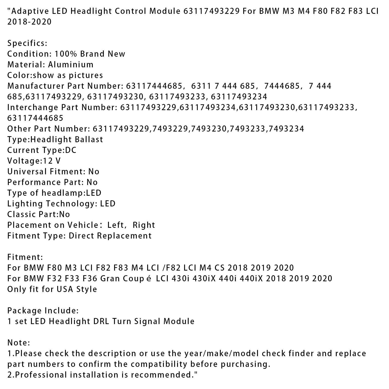 2018 2019 2020 BMW F32 F33 F36 Gran Coupé LCI 430i 430iX 440i 440iX Adaptiv LED-strålkastarkontrollmodul 63117493229