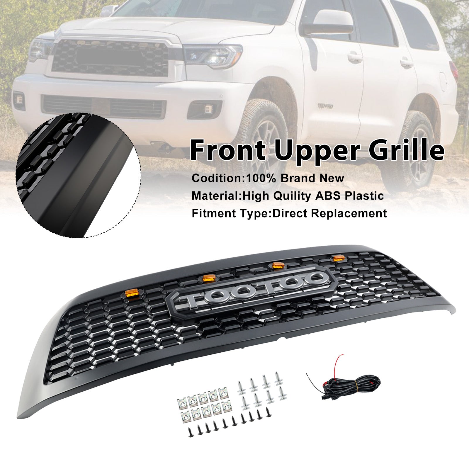 Matte Black Front Bumper Grill Grille Fit Toyota Sequoia 2008-2018 With Led