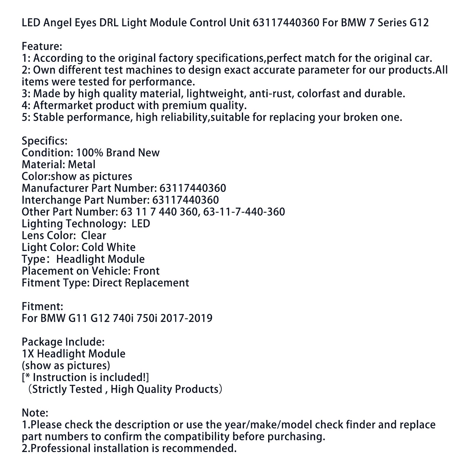 2017-2019 BMW 7-serie G11 G12 740i 750i LED Angel Eyes DRL Ljusmodul Styrenhet 63117440360