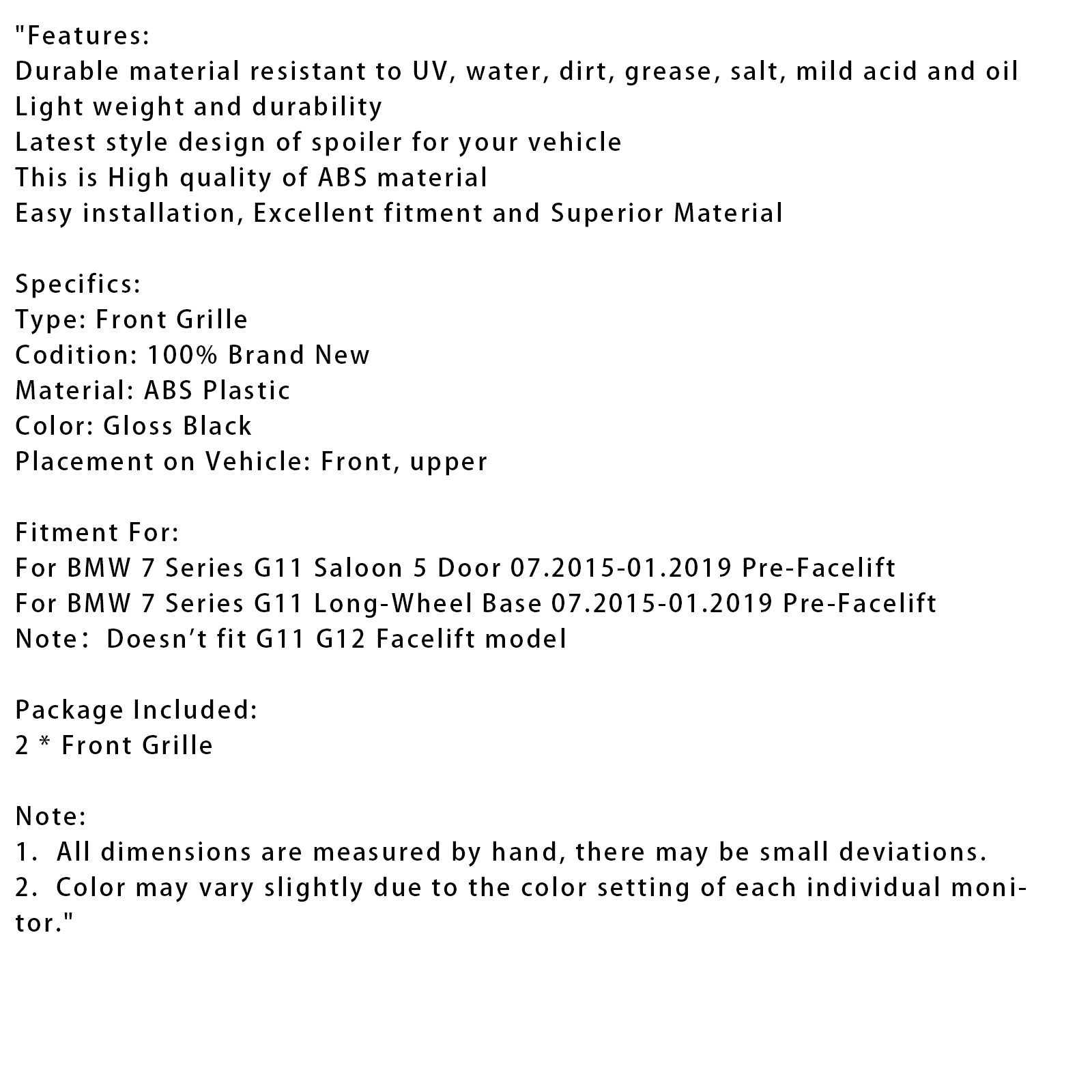 2016-2018 BMW 7-Series G11 G12 740I 750i Gloss Black Front Kidney Grille