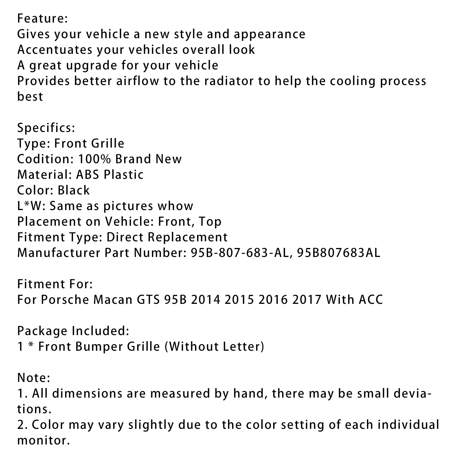 2014-2017 Porsche Macan GTS W/ACC Voorbumper Grillrooster 95B807683AL