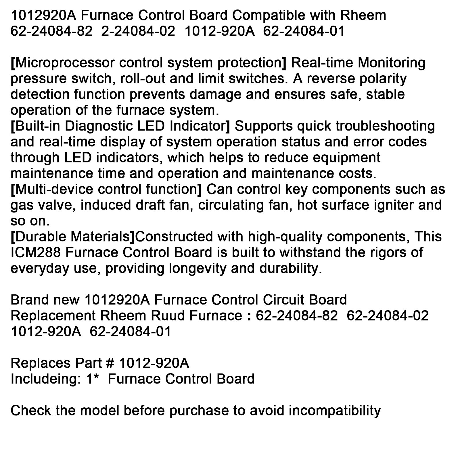 1012920A Ovenbesturingskaart Compatibel met Rheem 62-24084-82 2-24084-02