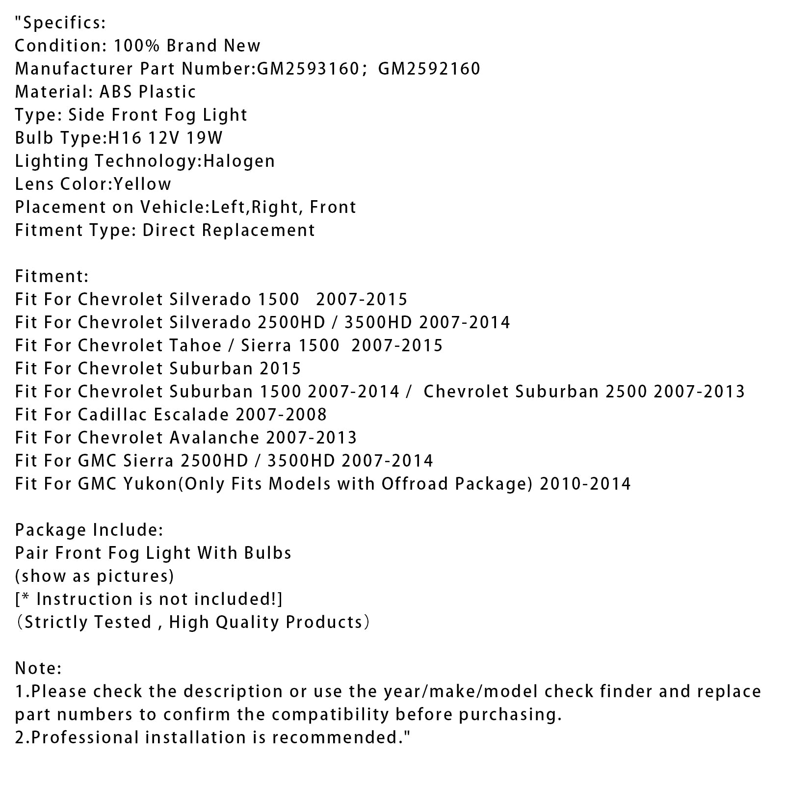 Par tåkelamper med pærer for Chevy Tahoe Sierra 2007-2015 gul linse