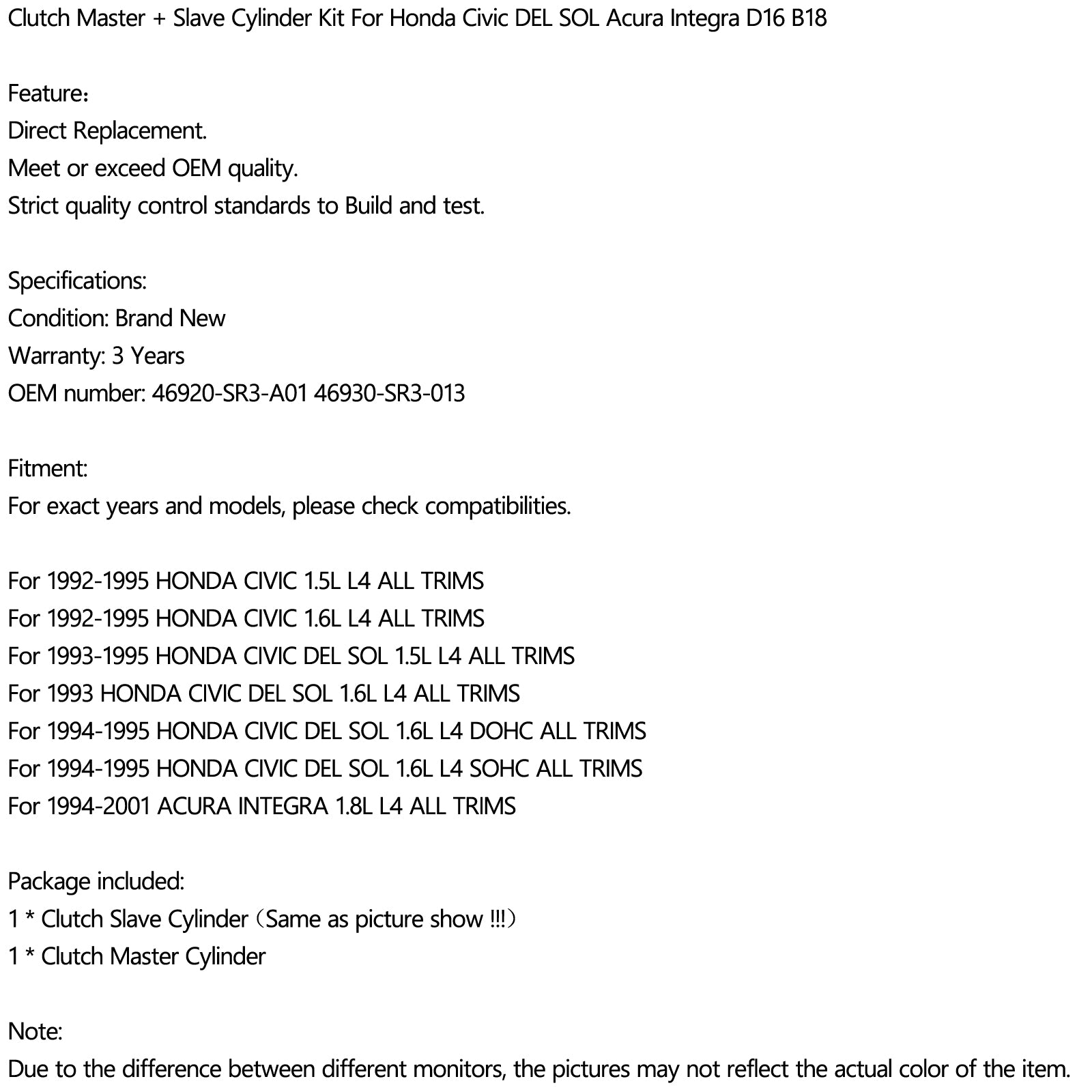 Clutch Master +Slave Cylinder Kit For Acura Integra 1994-2001 46930-SR3-013