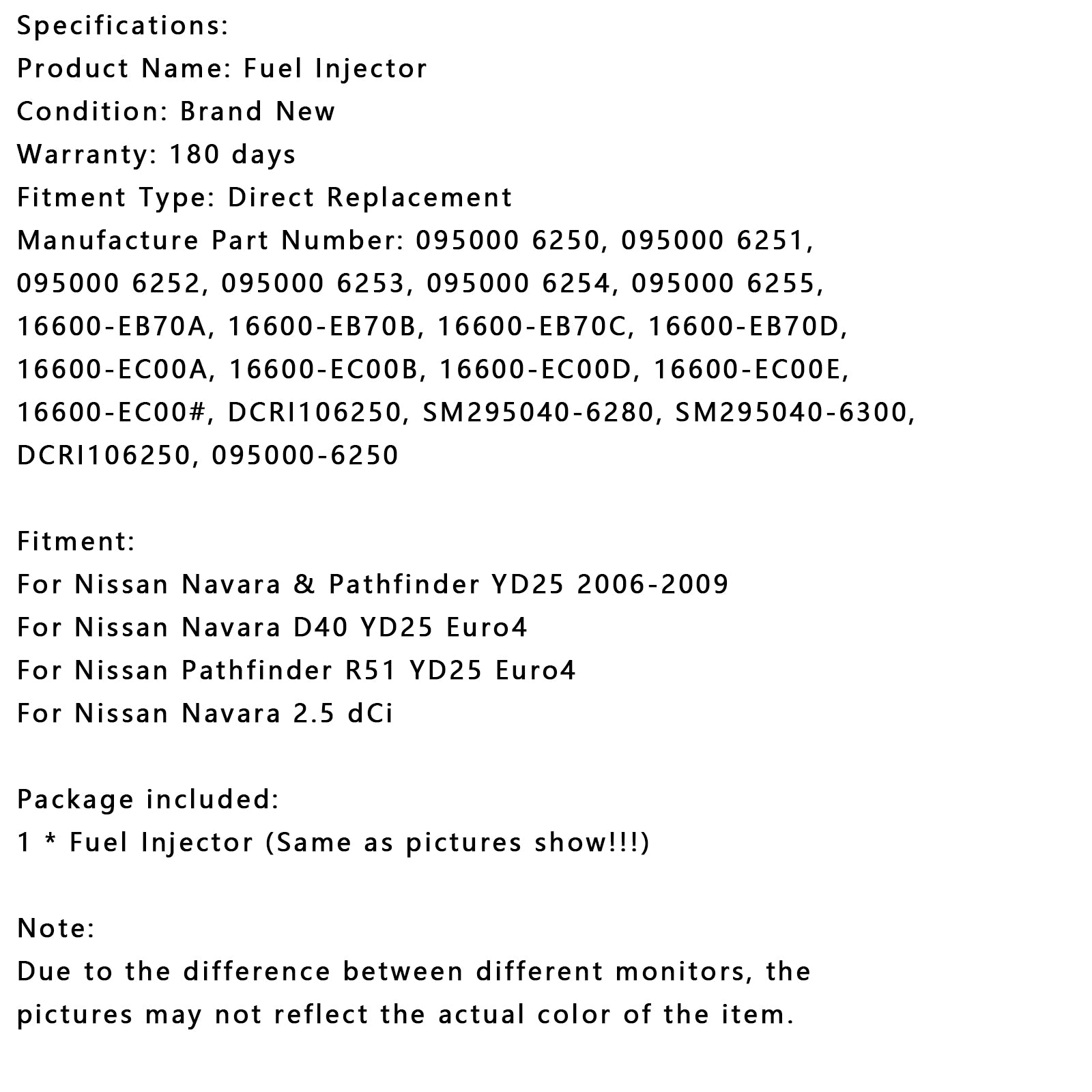Nissan Navara D40 YD25 Euro4 1PCS Injetor de combustível 095000-6250 16600-EB70A