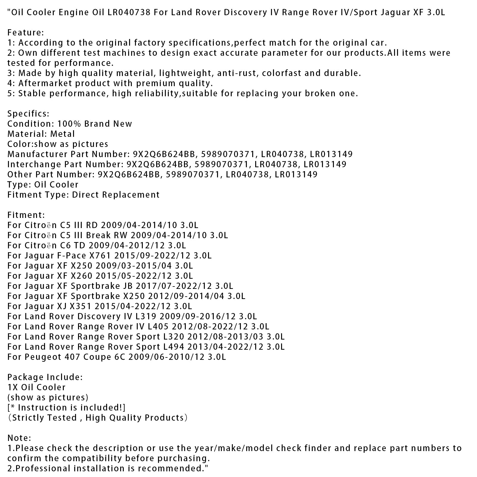 Huile de refroidisseur moteur à l'huile pour Land Rover Discovery IV Range Rover IV/Sport Jaguar XF