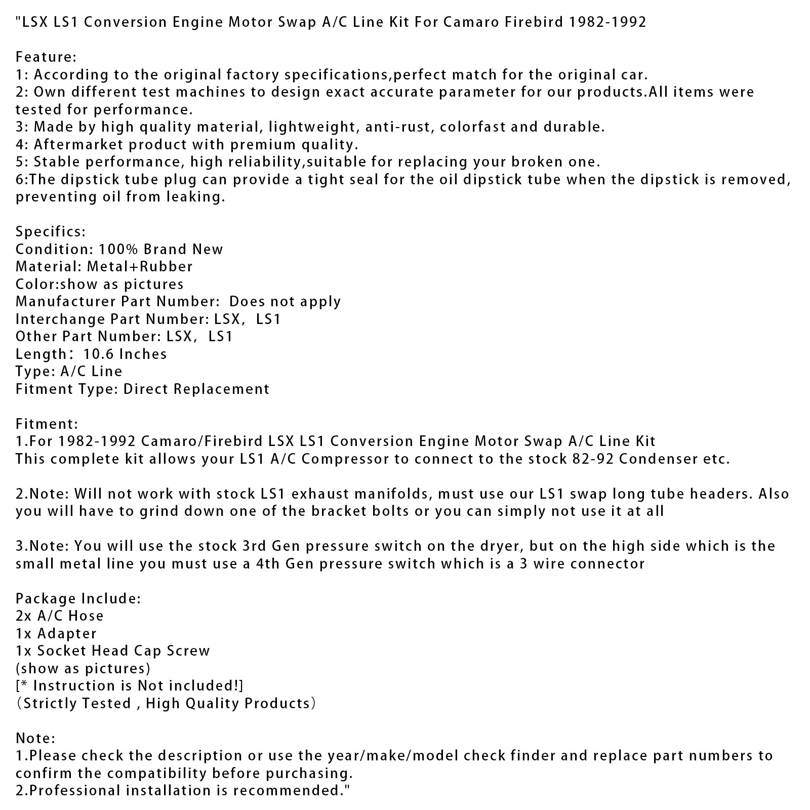 LSX LS1 Konverzný motor Motor Swap A/C Line Kit pre Camaro Firebird 1982-1992