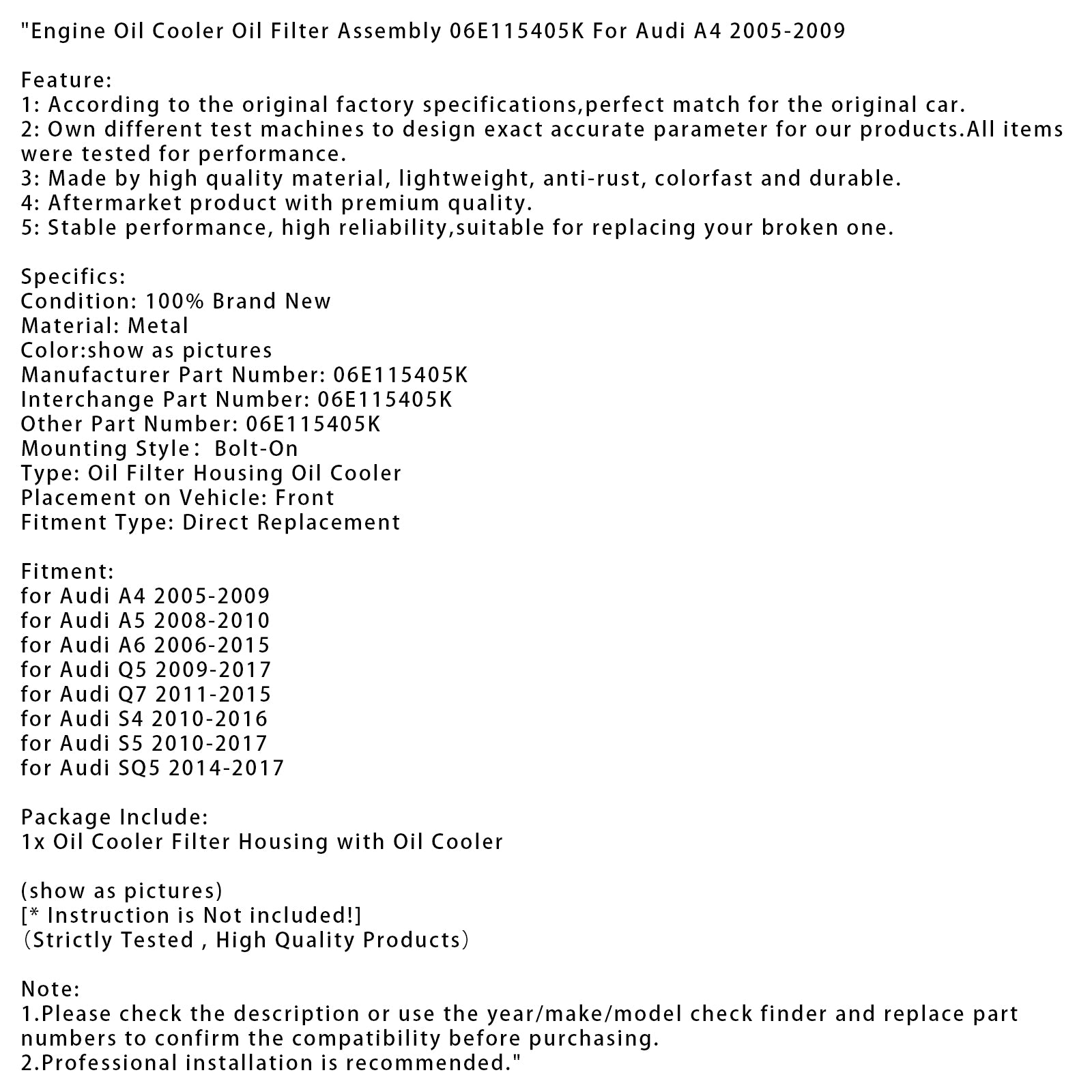 2008-2010 Audi A5 Motoroliekoeler Oliefilterconstructie 06E115405K
