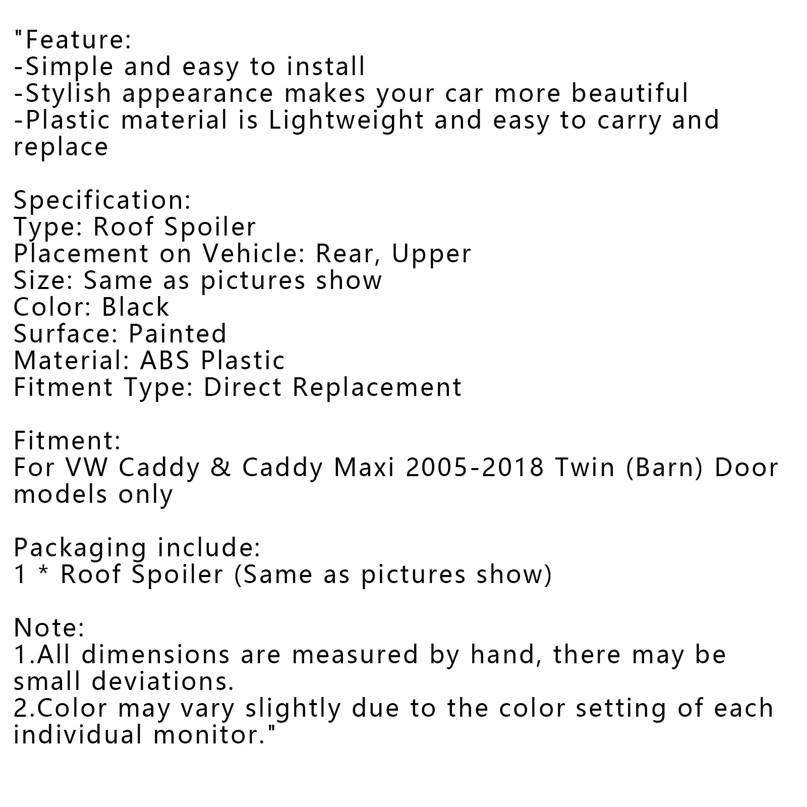 VW Caddy uit 2005-2018 & Caddy Maxi Gloss Black Rear Twin Barn Door Trunk Spoiler