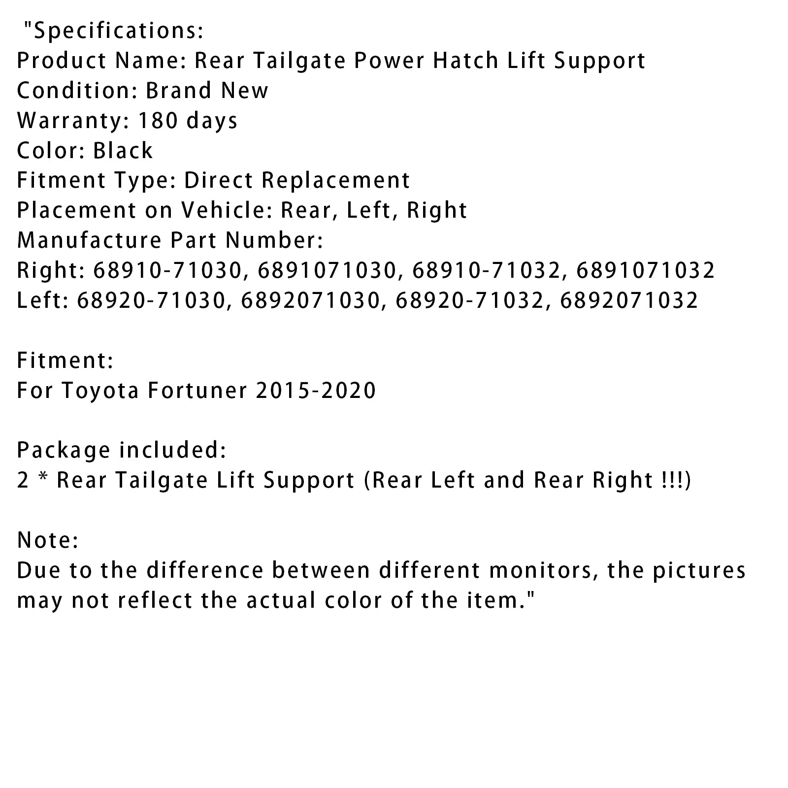 Contrefiche à gaz de hayon électrique Toyota Fortuner 2015-2020 6892071030 6891071032