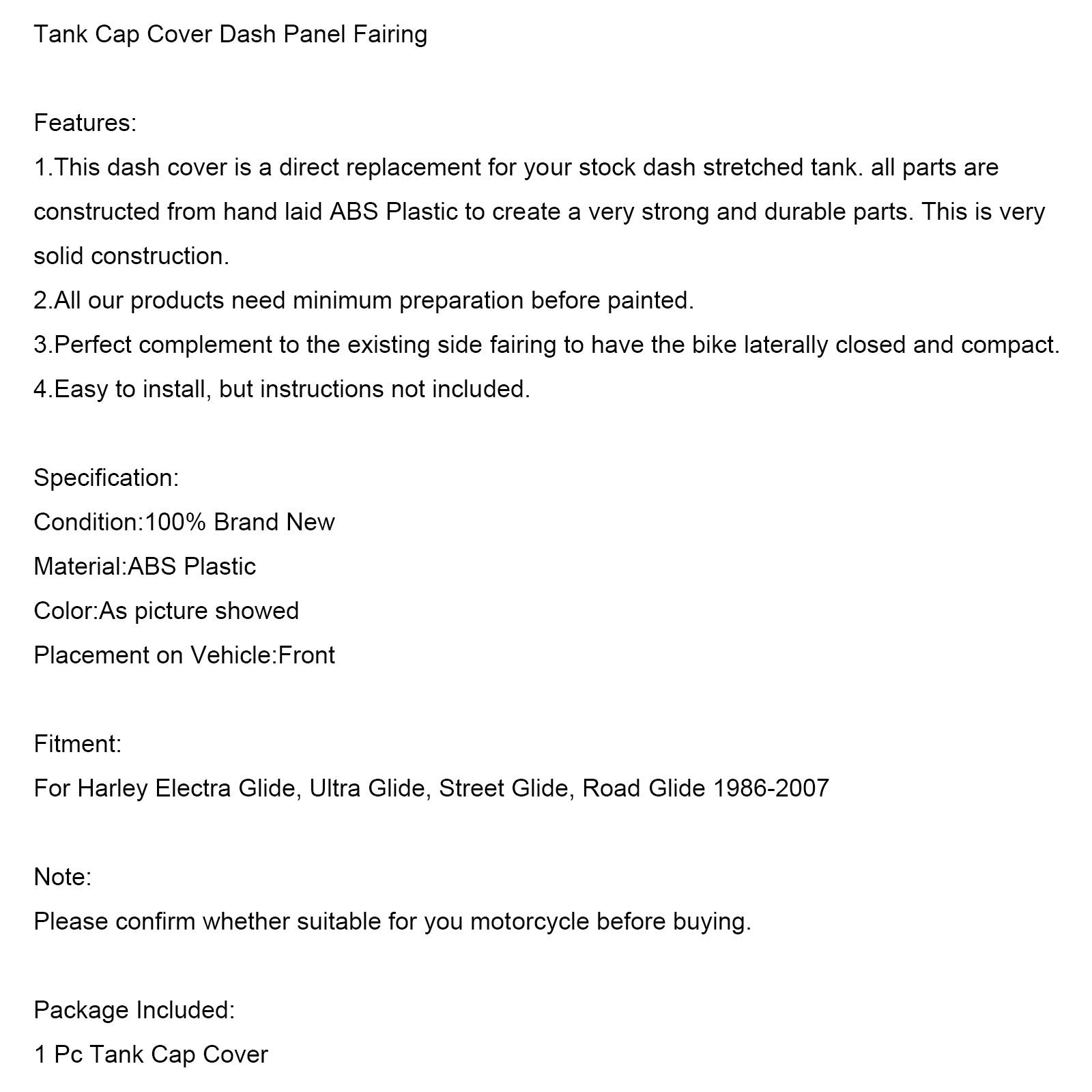 1986-2007 Harley Electra Glide, Ultra Glide, Street Glide, Road Glide Tank Copon Panel de panneau de couverture