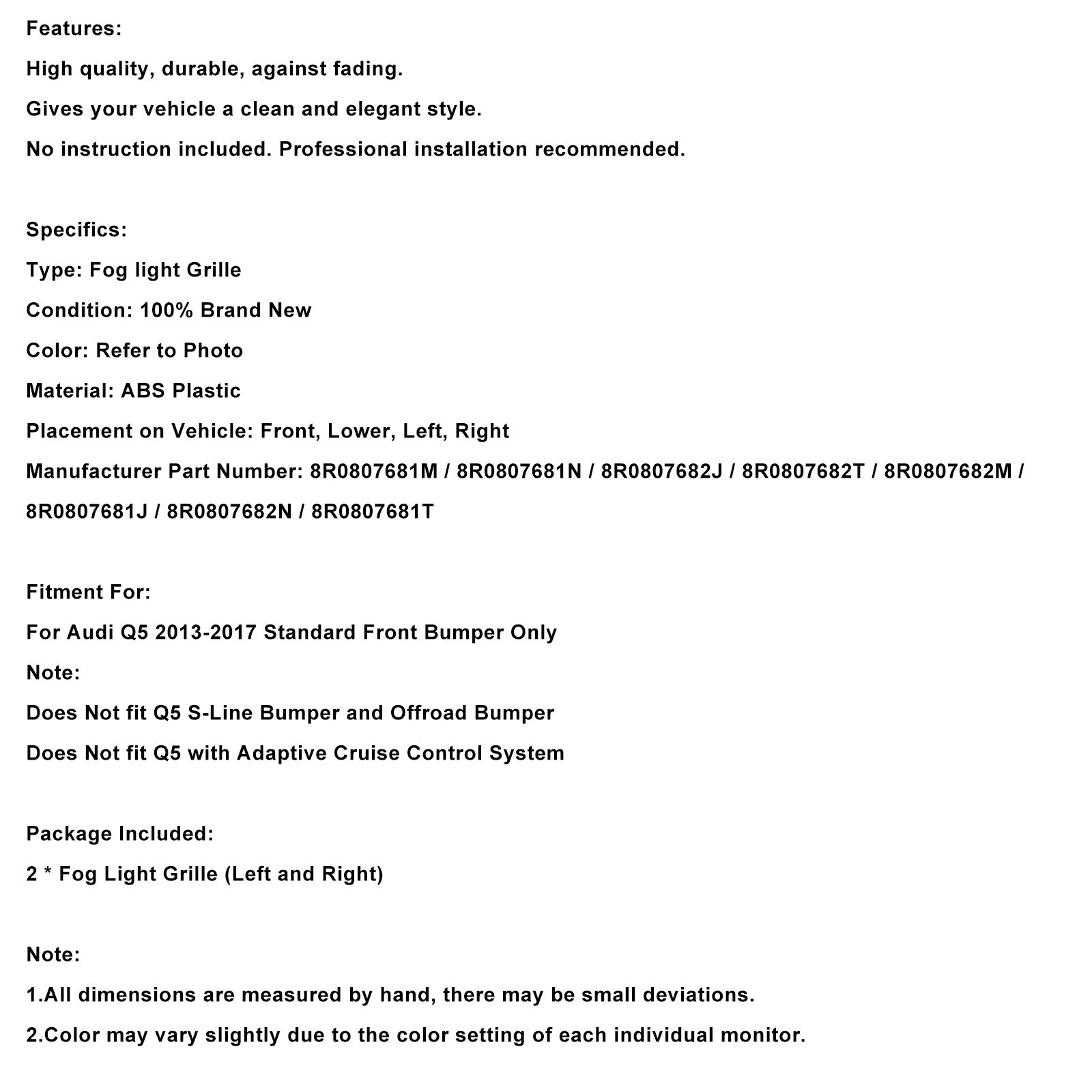 Black Front Bumper Fog Light Grille Grill 8R0807681M Fit Audi Q5 2013-2017