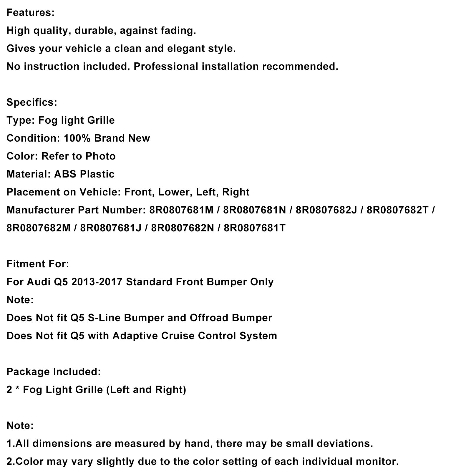 Front Bumper Fog Light Grille Grill 8R0807681M Fit Audi Q5 2013-2017