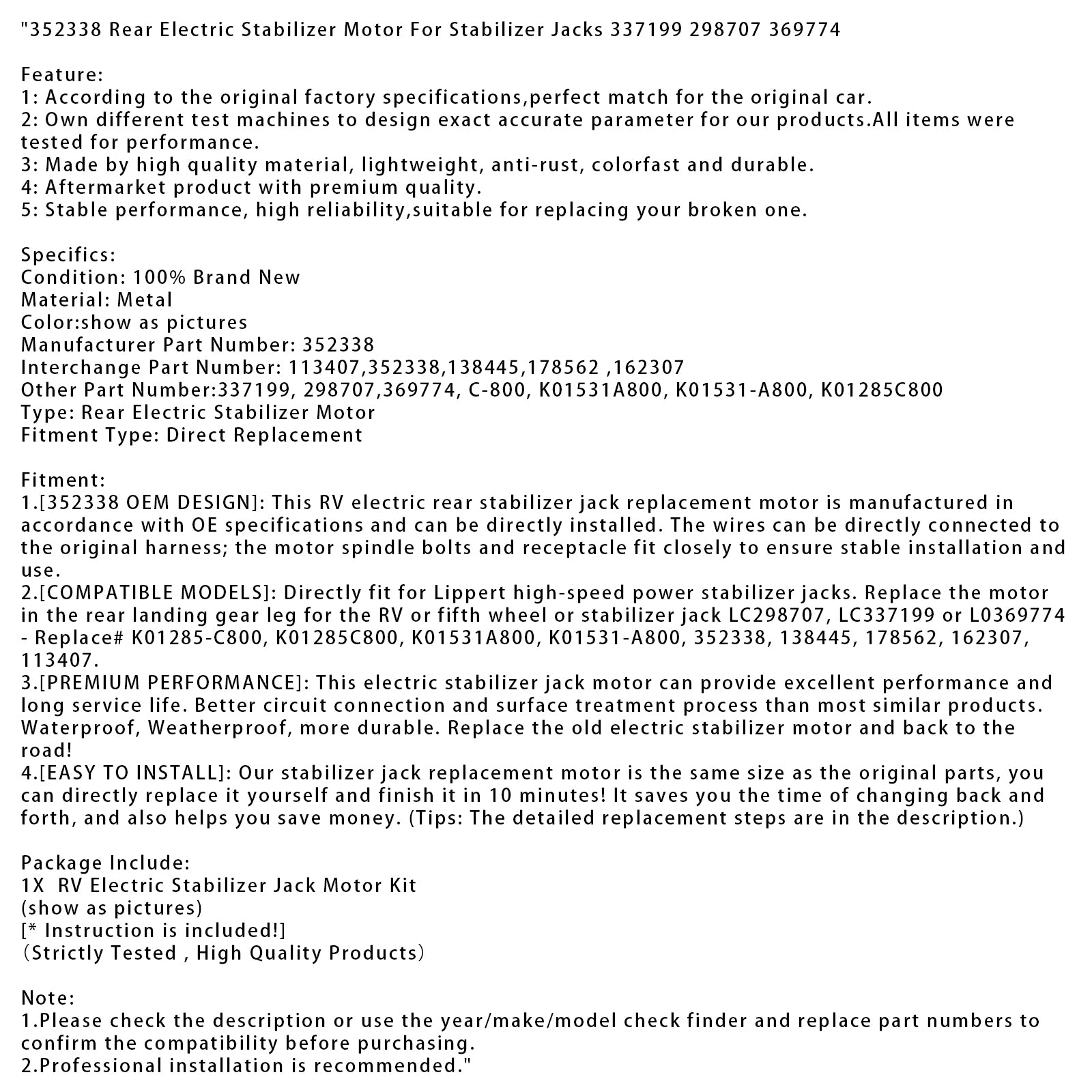 352338 Motor estabilizador elétrico traseiro para tomadas de estabilizador 337199 298707 369774