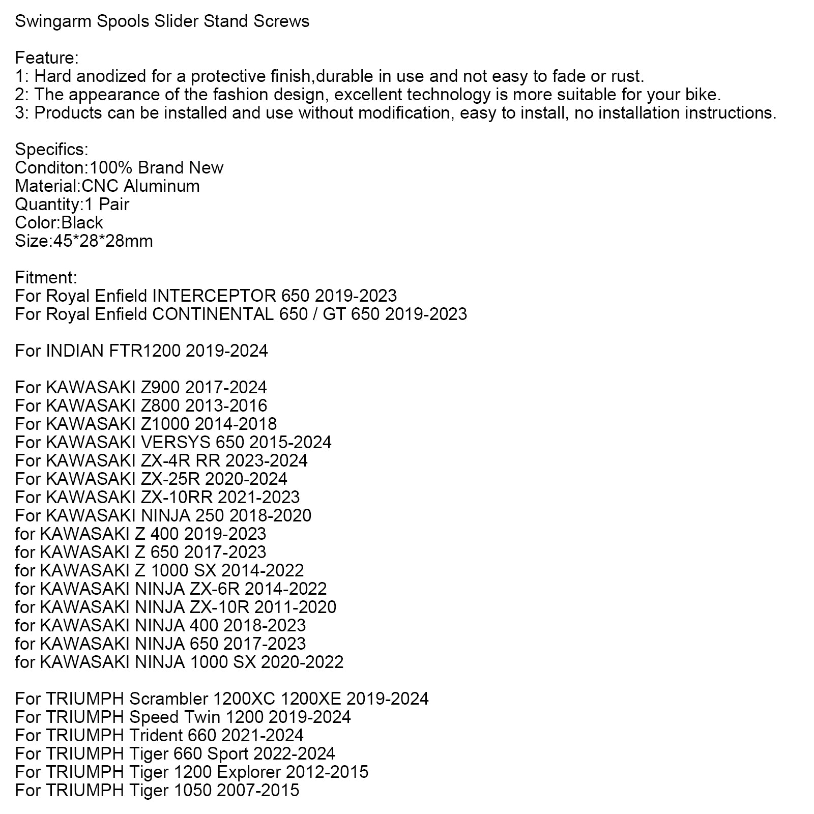 Swingarm Spools Slider stativskruvar som passar för Kawasaki Ninja Suzuki GSX-S CBR Monster