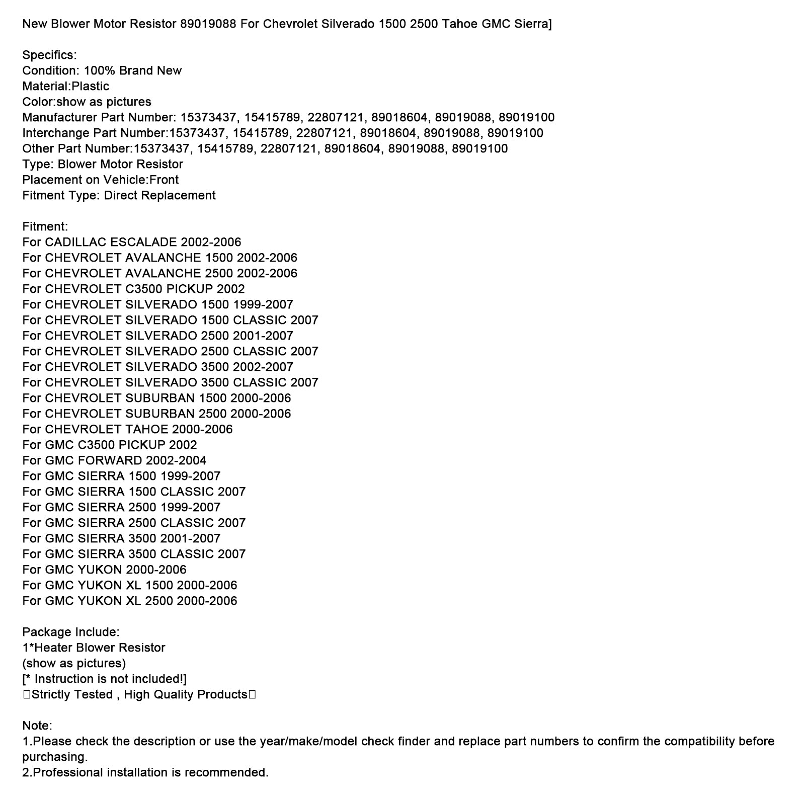Nieuwe Blower Motor Weerstand 89019088 Voor Chevrolet Silverado 1500 2500 Tahoe GMC