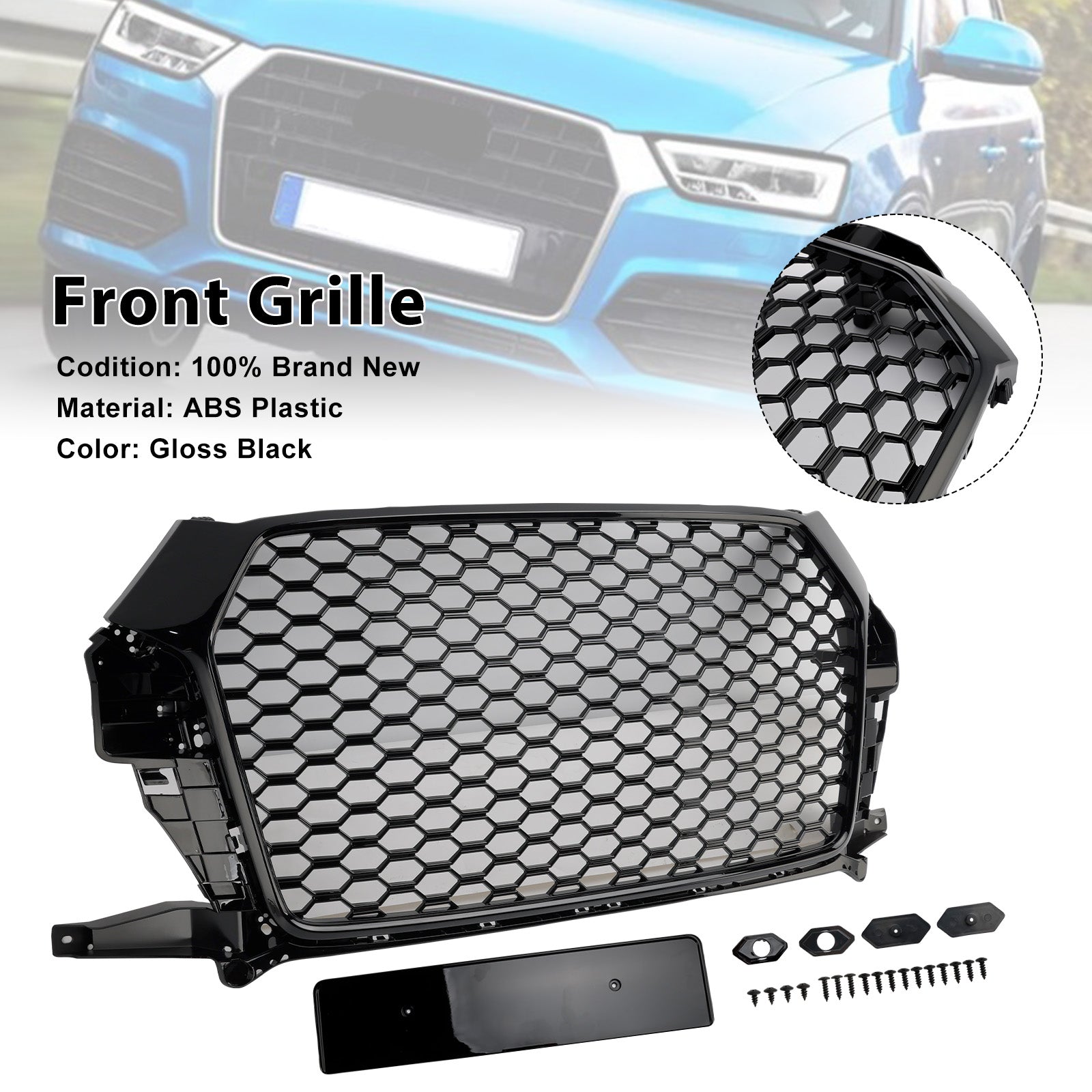 RSQ3 Style Front Honeycomb Grille Grill Fit Audi Q3 2016-2018 Gloss Black